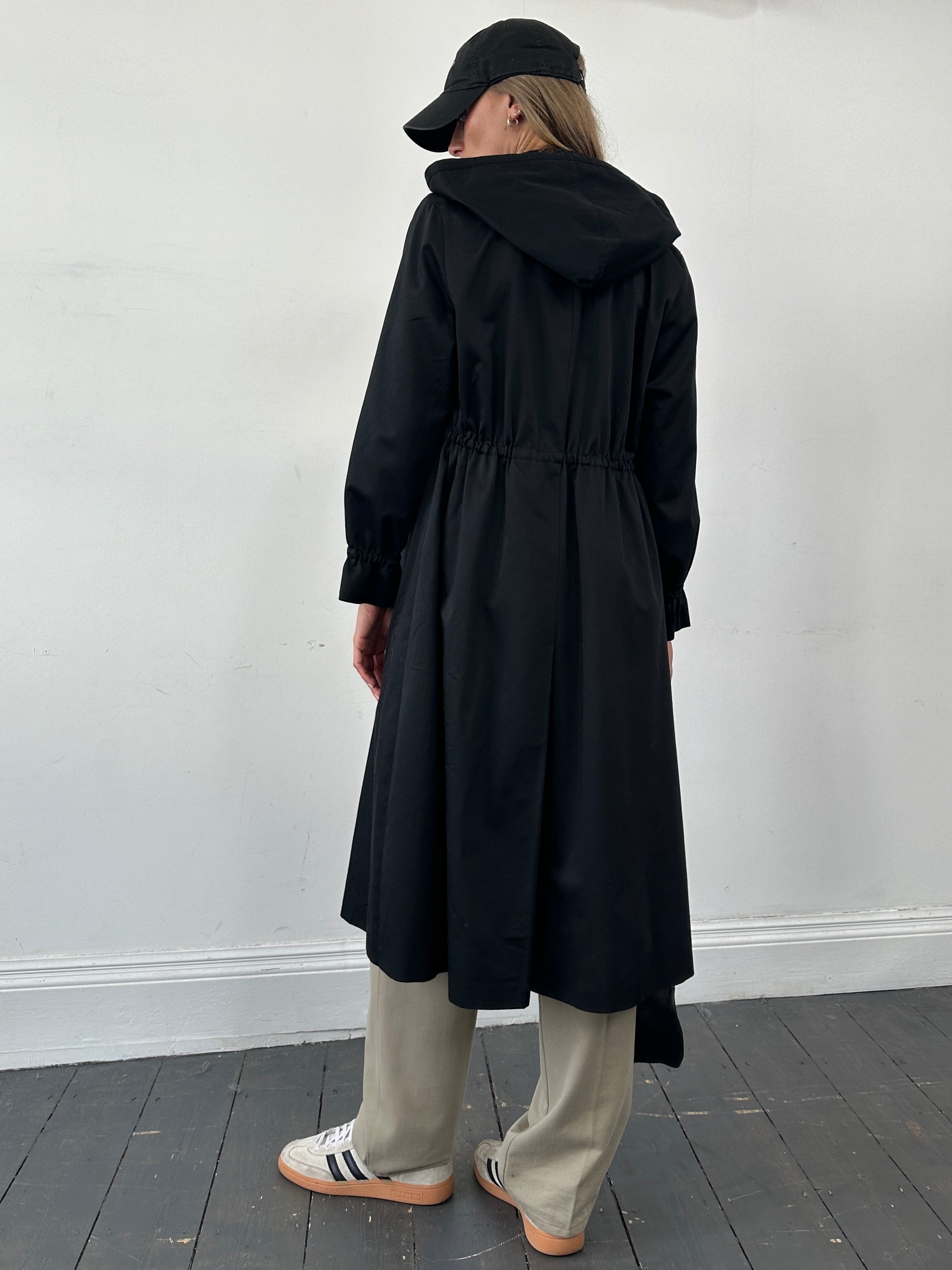 Vintage cotton tie waist hooded trench coat, women's size S, stylish outerwear with classic design and functional hood.