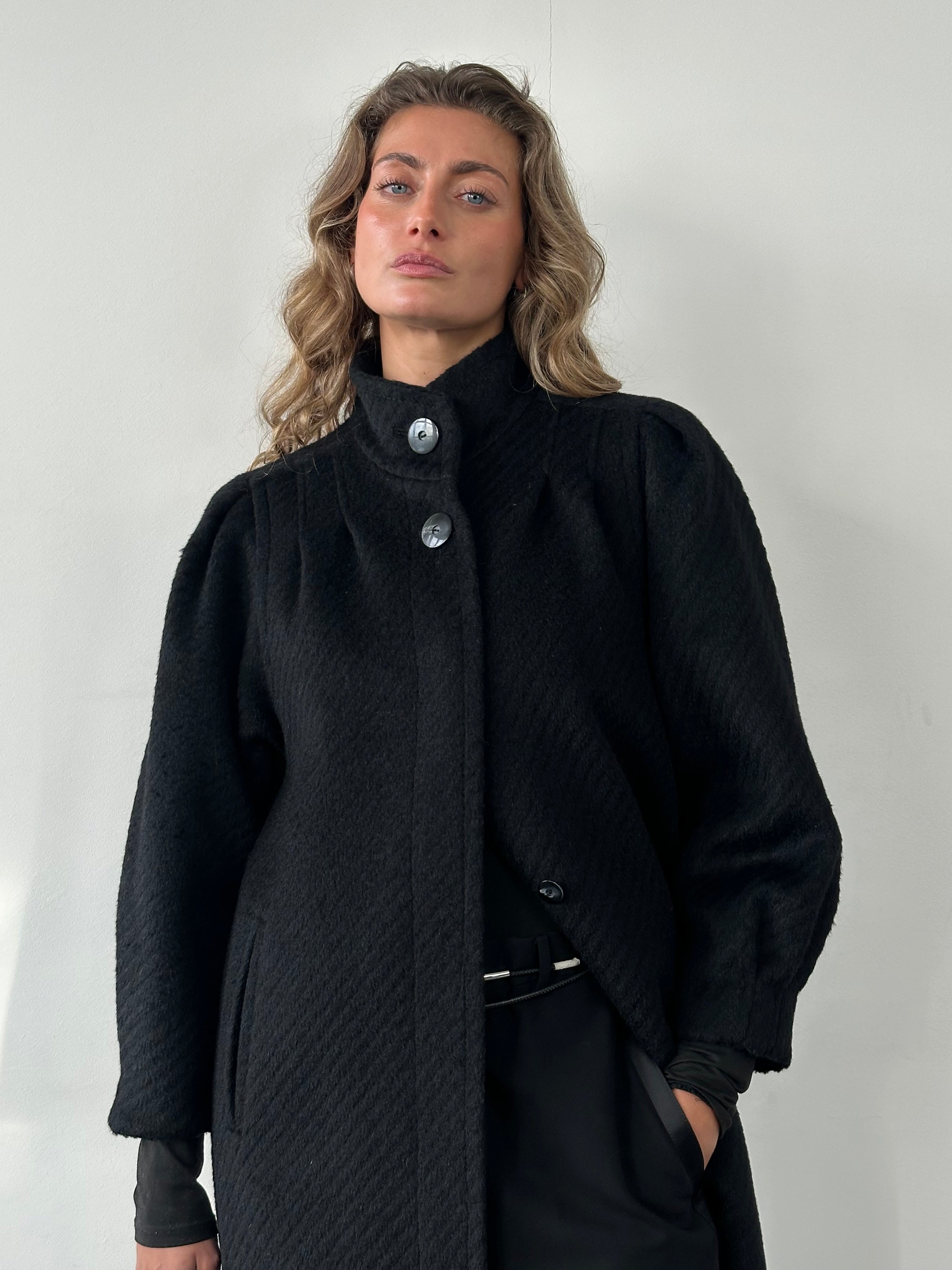 Vintage wool and mohair high neck coat with concealed placket in size M, showcasing a classic, textured fabric and tailored fit.