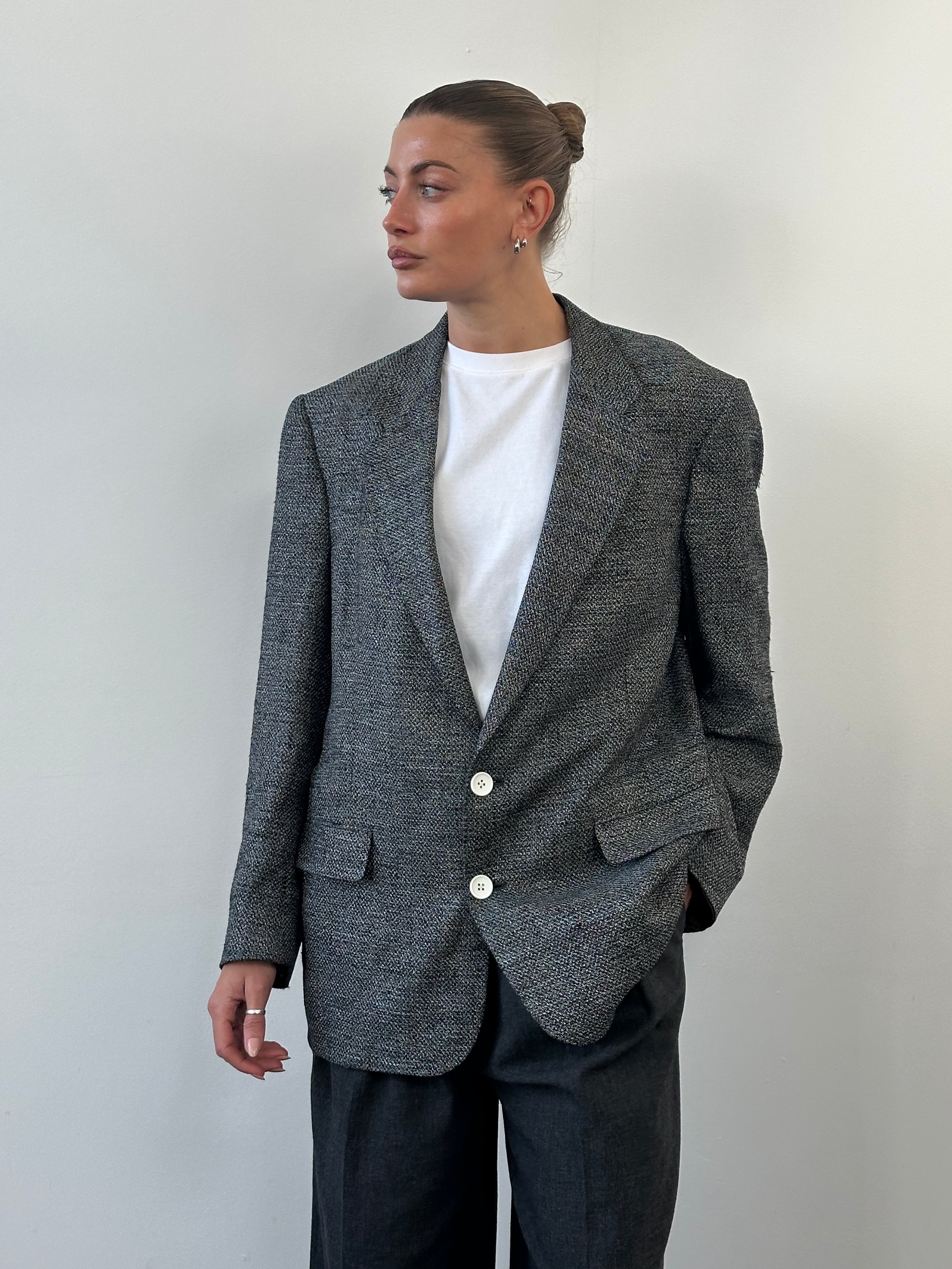Christian Dior Monsieur 1990s pure silk blazer in size 44R/XL, shown in a classic tailored fit with a smooth silk texture.