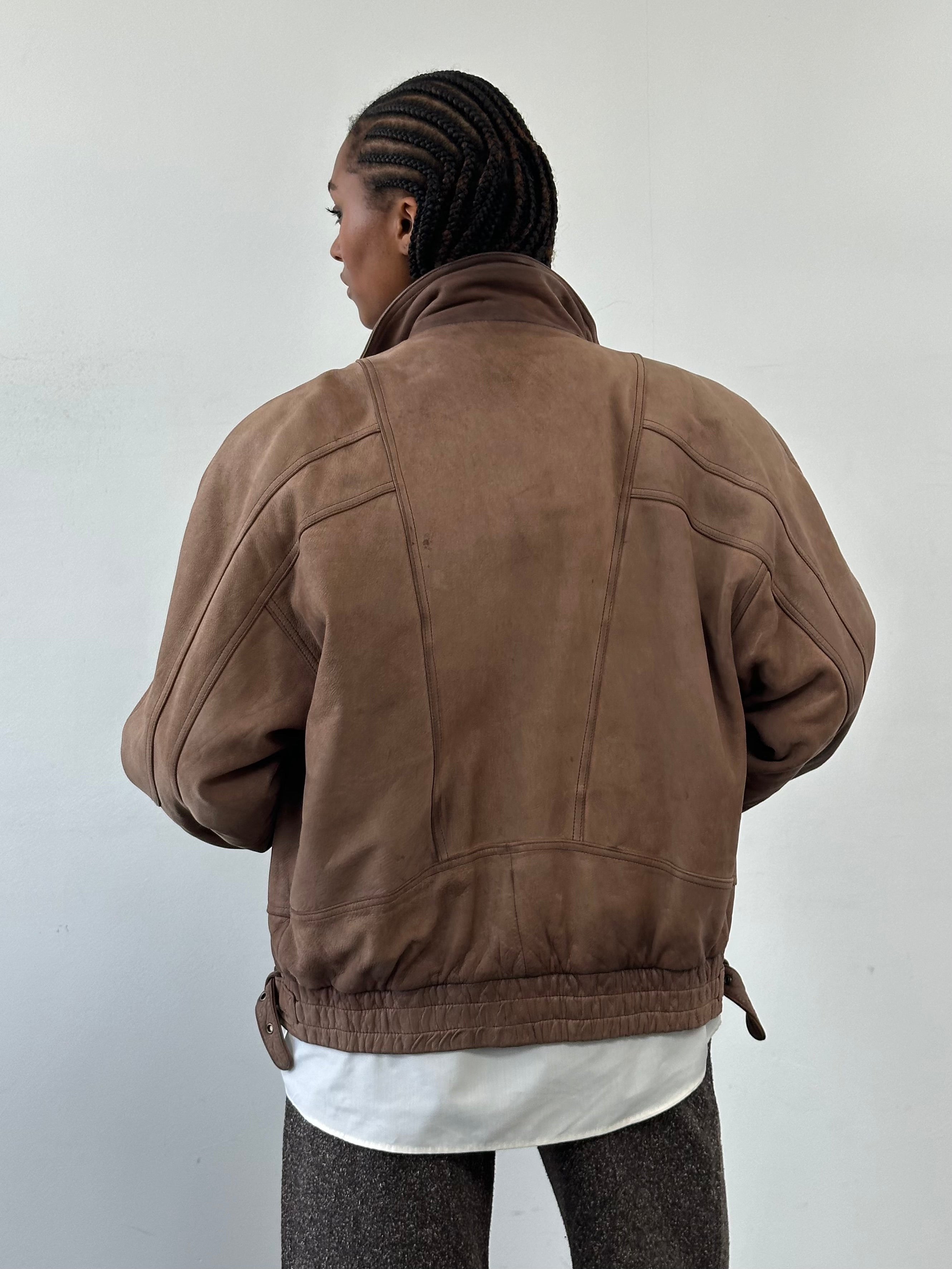 Vintage 1990s high neck aged leather bomber jacket, men's size L, with a classic distressed leather look and vintage style.