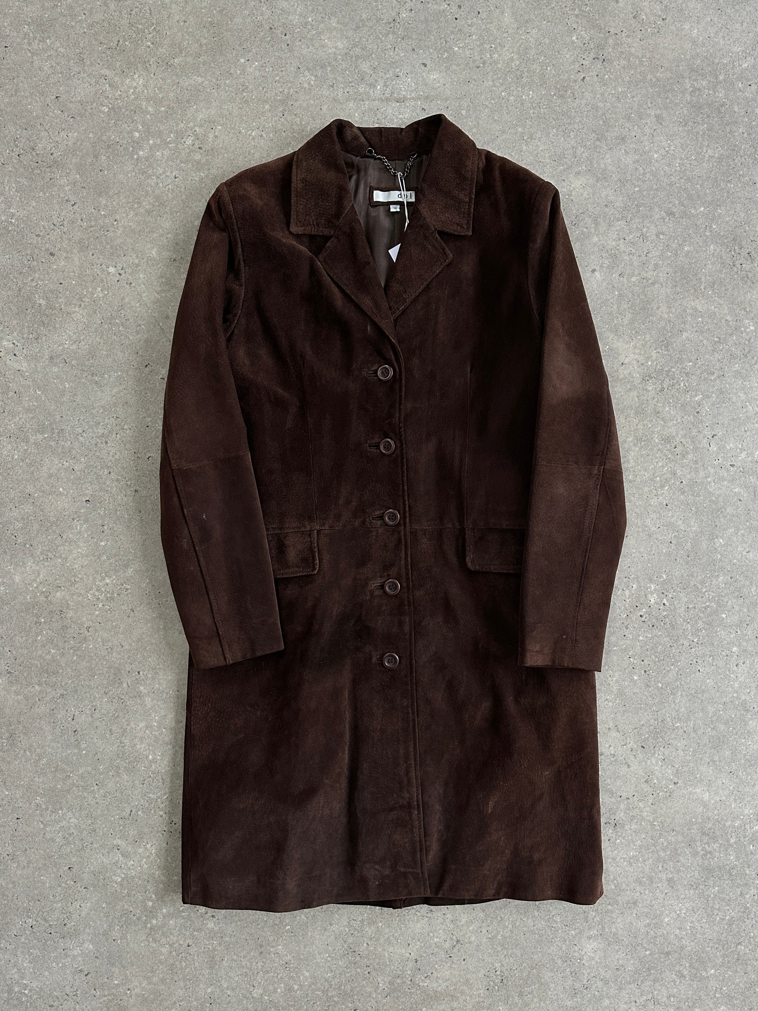 Vintage suede trench coat jacket in size large, featuring classic design and stylish details, perfect for a timeless look.