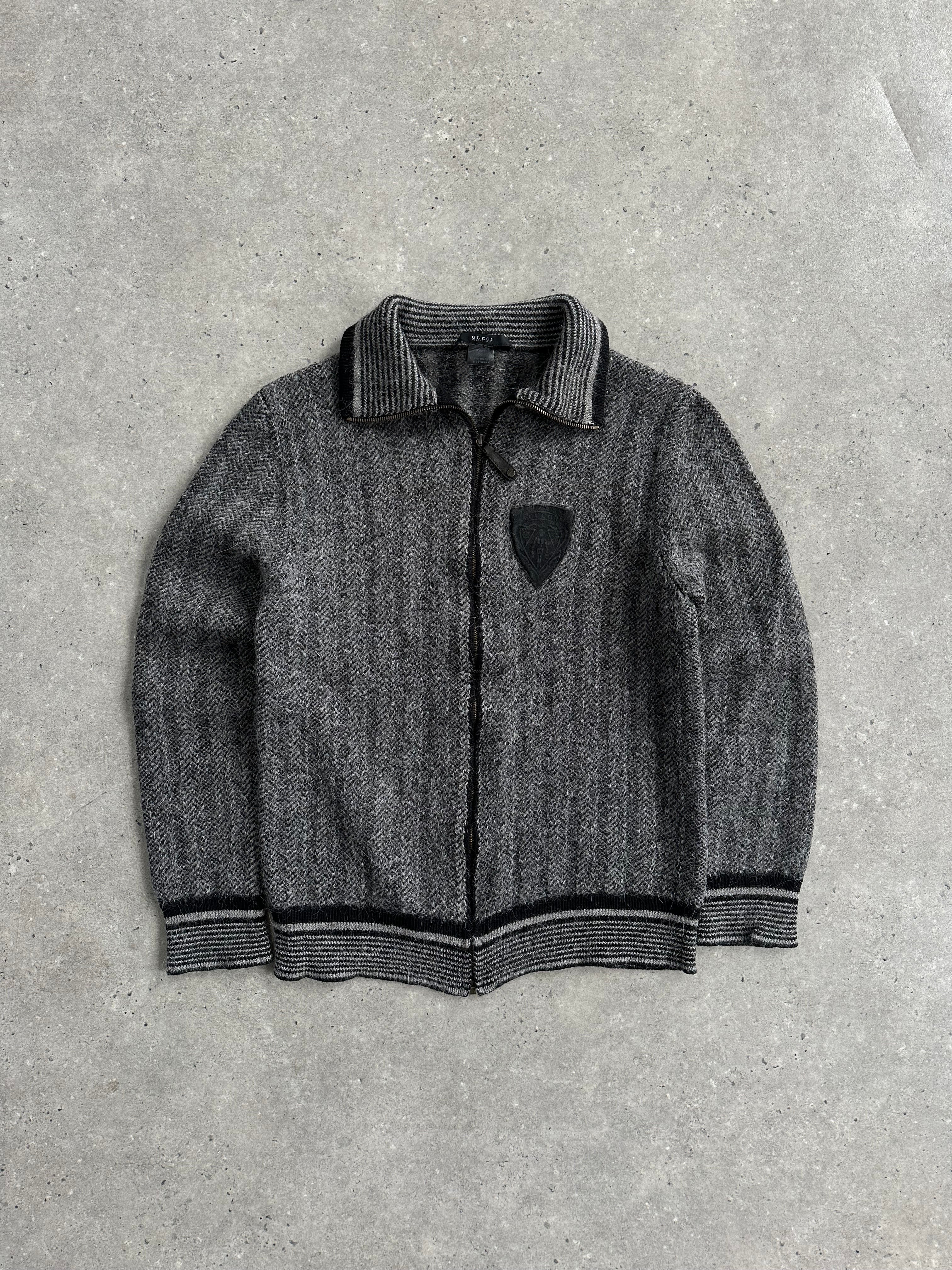 Gucci wool mohair logo patch cardigan in size S, featuring a knit design with the Gucci logo patch on the front.