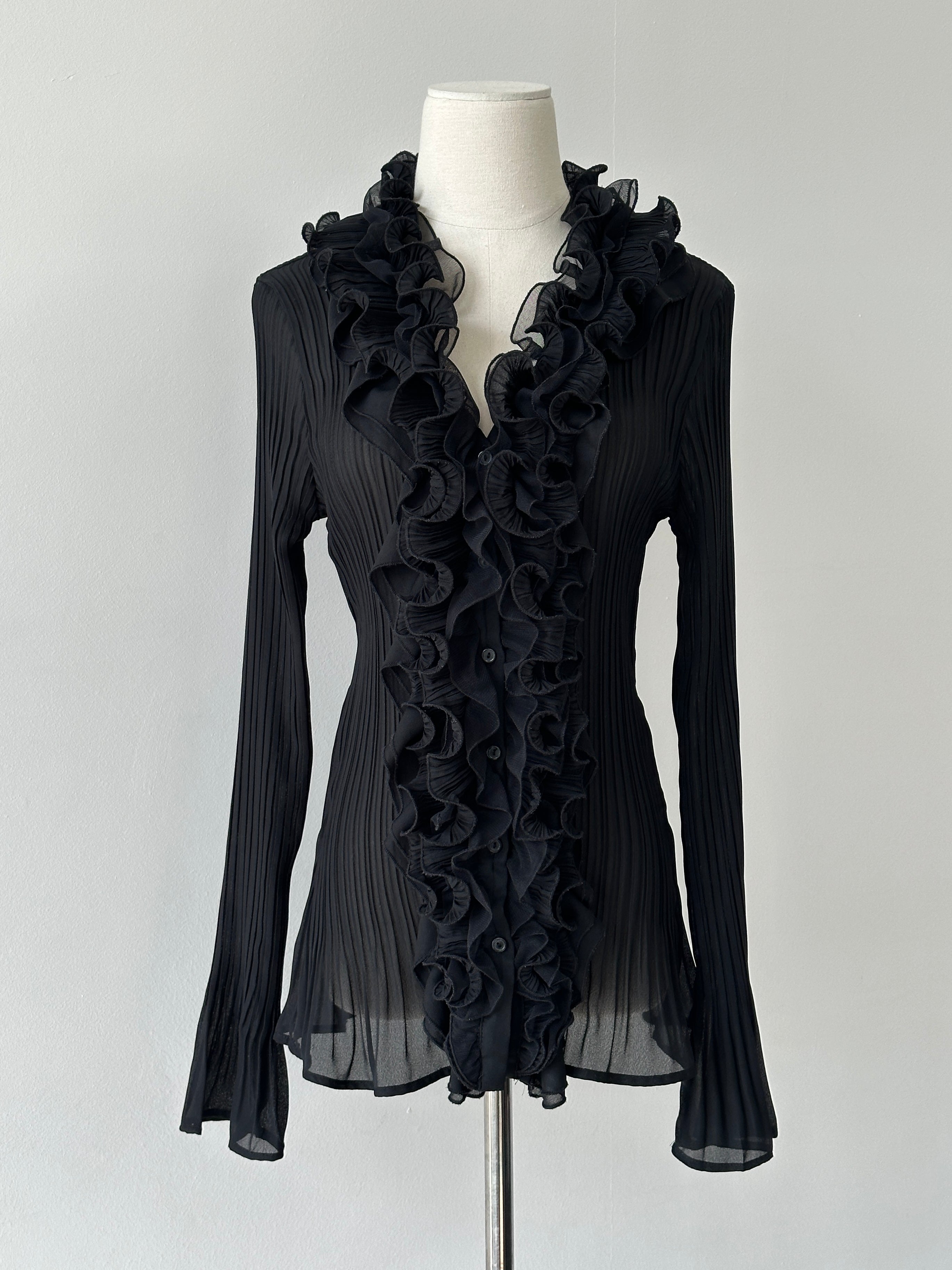 Vintage 1990s Pleated Sheer Ruffle Shirt - M
