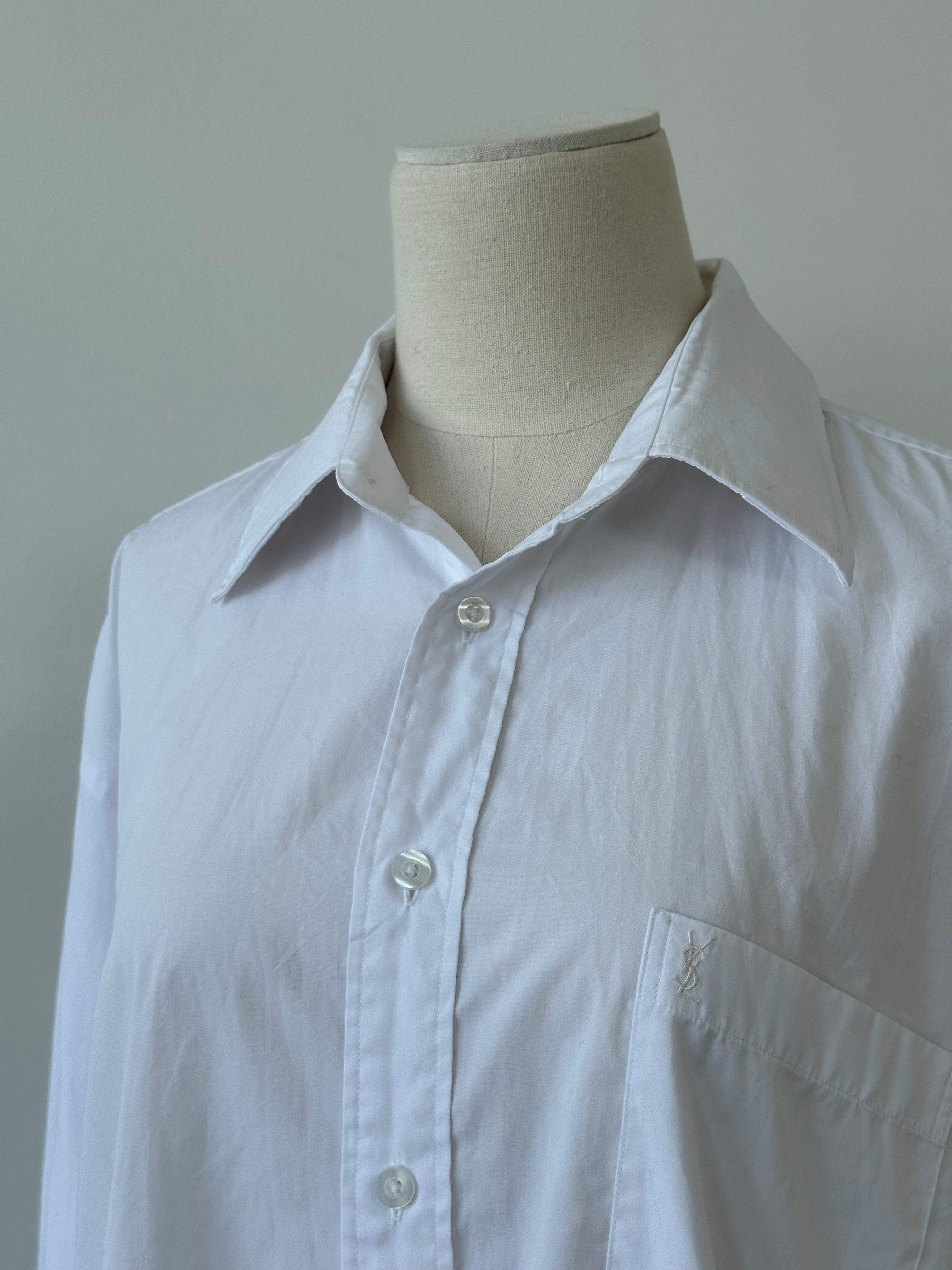Yves Saint Laurent 1990s cotton logo shirt in XL, showing the front view with classic YSL branding and black fabric.