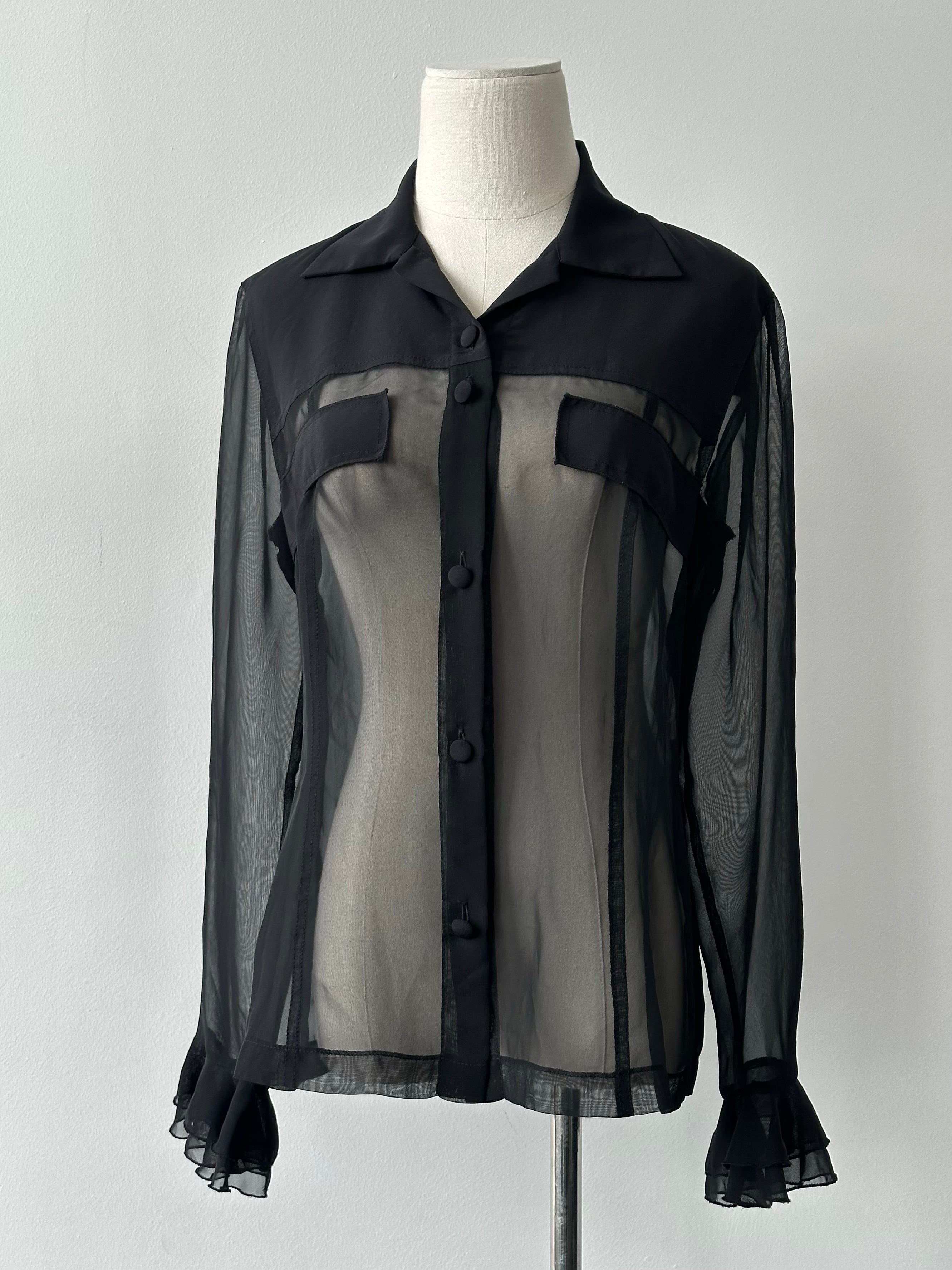 Vintage 1990s Ruffle Sleeve Sheer Shirt - M