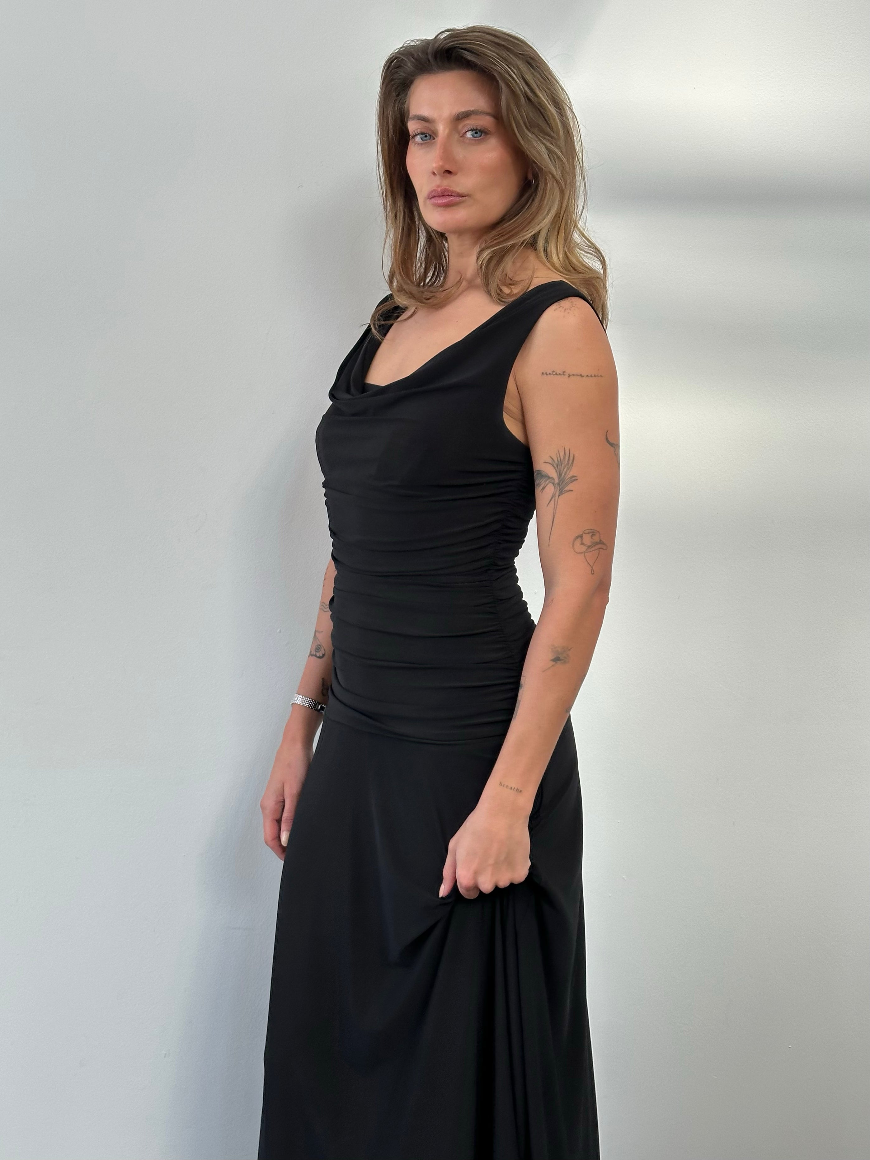 Vintage 1990s cowl neck floor-length fitted dress, stylish and elegant, in a classic design perfect for vintage fashion enthusiasts.