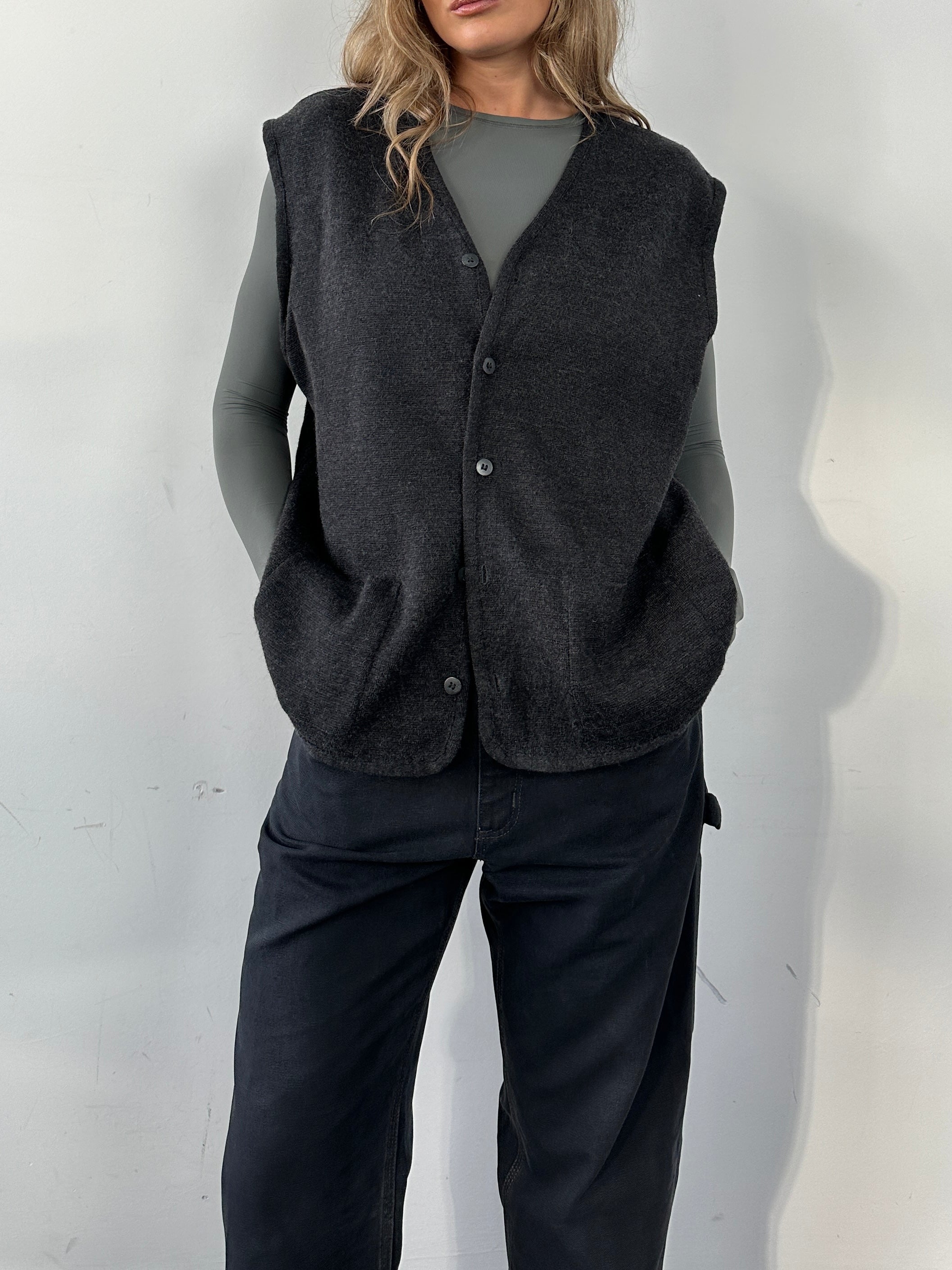 Vintage Wool Knit Waistcoat in XL, a cozy vintage coat with a classic knit design, perfect for layered winter style.