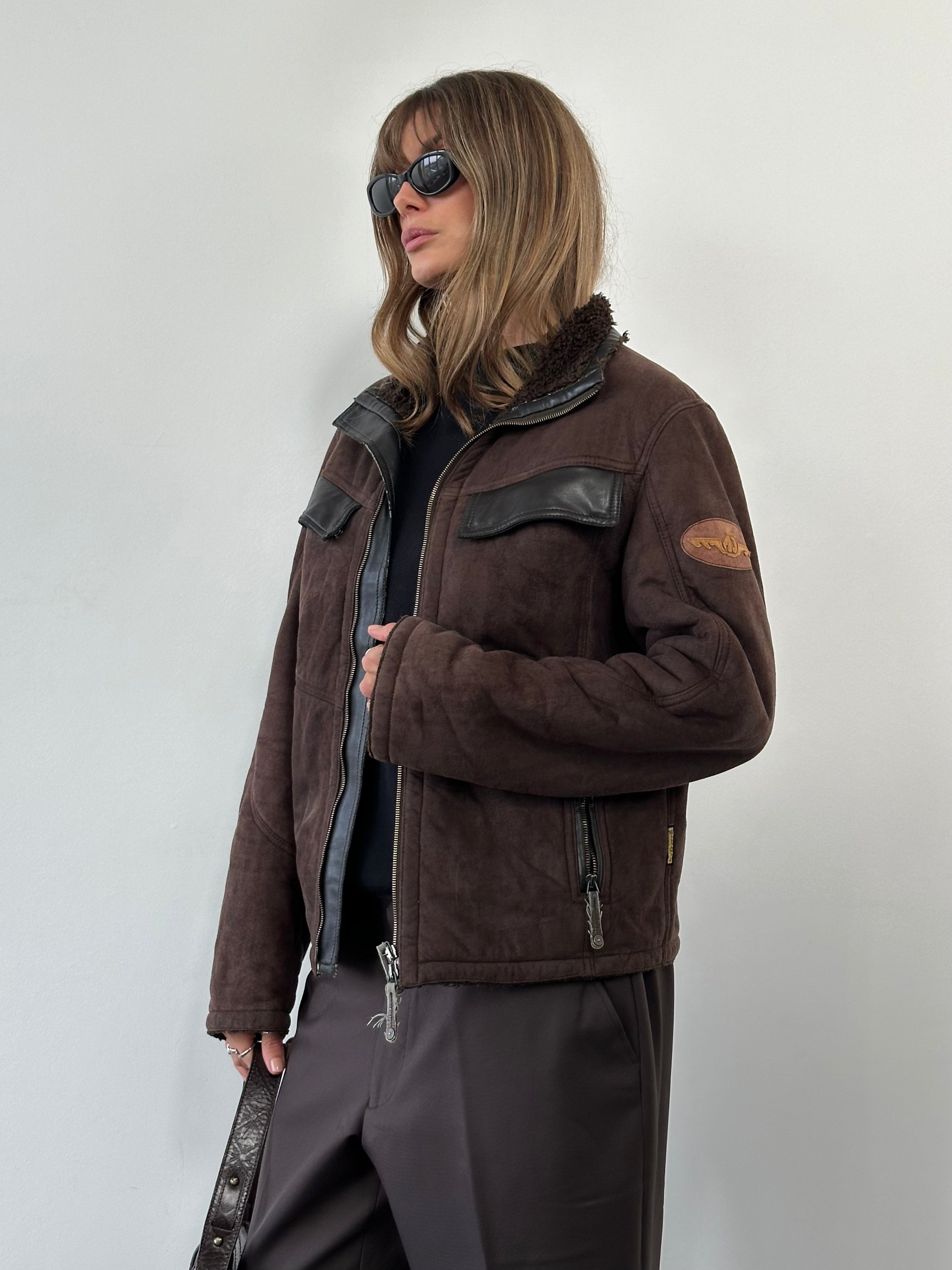 Armani Jeans double zip faux suede jacket in black, shown with front view, featuring silver zippers and stylish collar details.