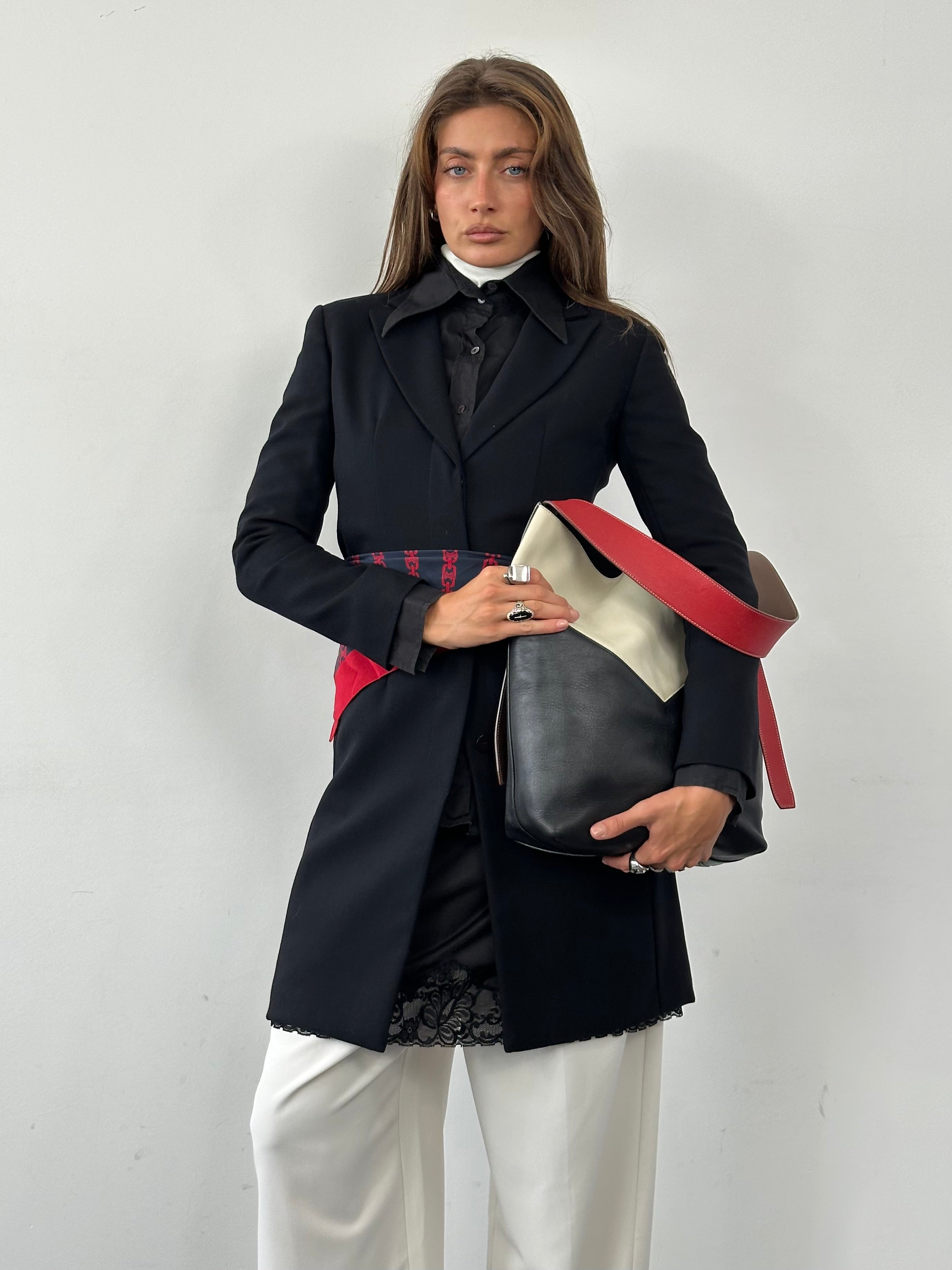 Giorgio Armani Le Collezioni 1990s pure wool single-breasted coat in size S, displayed on a hanger with a neutral background.
