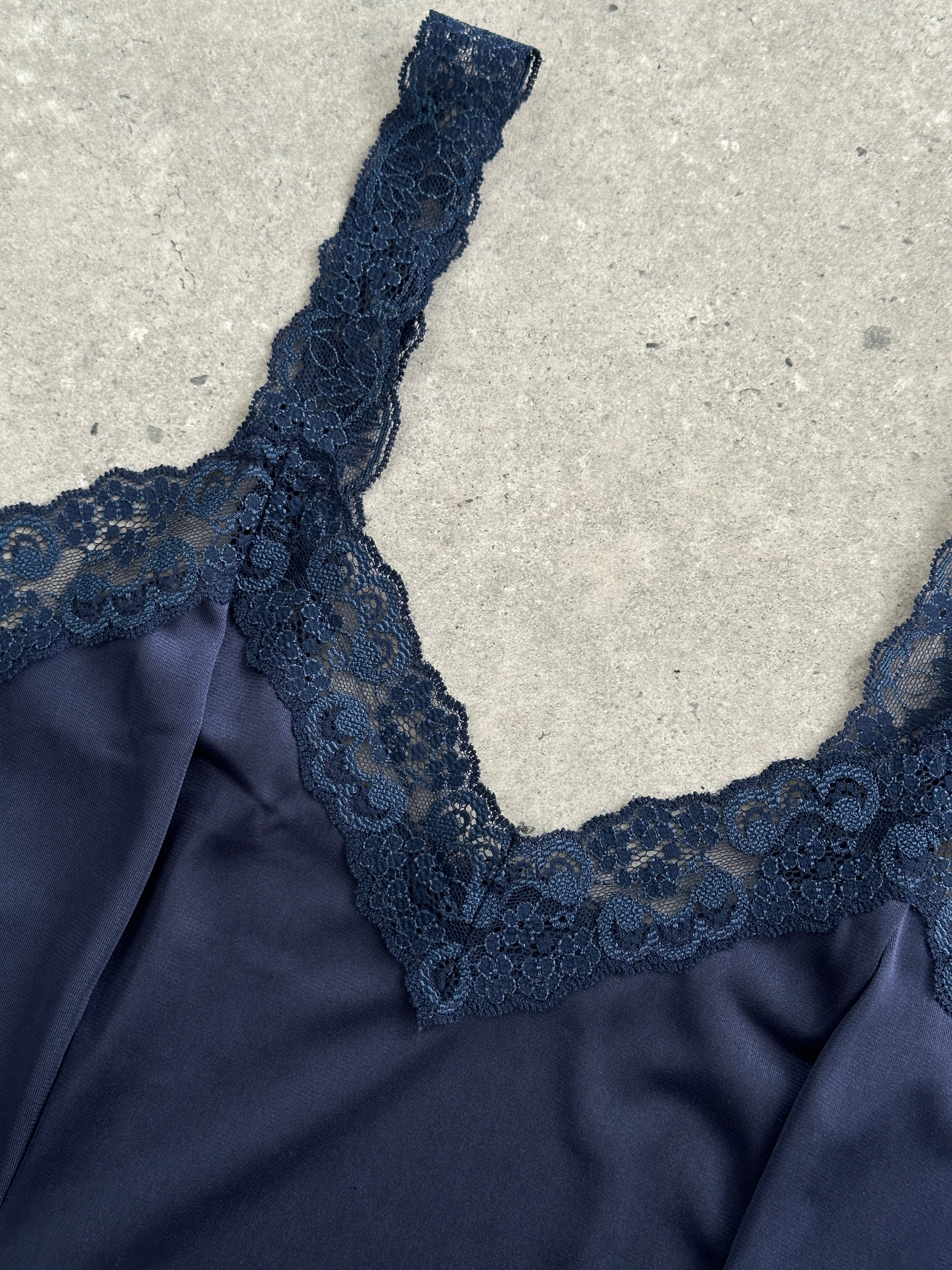 St Michael 90s satin lace camisole top in XS, featuring delicate lace details and a satin finish, displayed on a hanger.