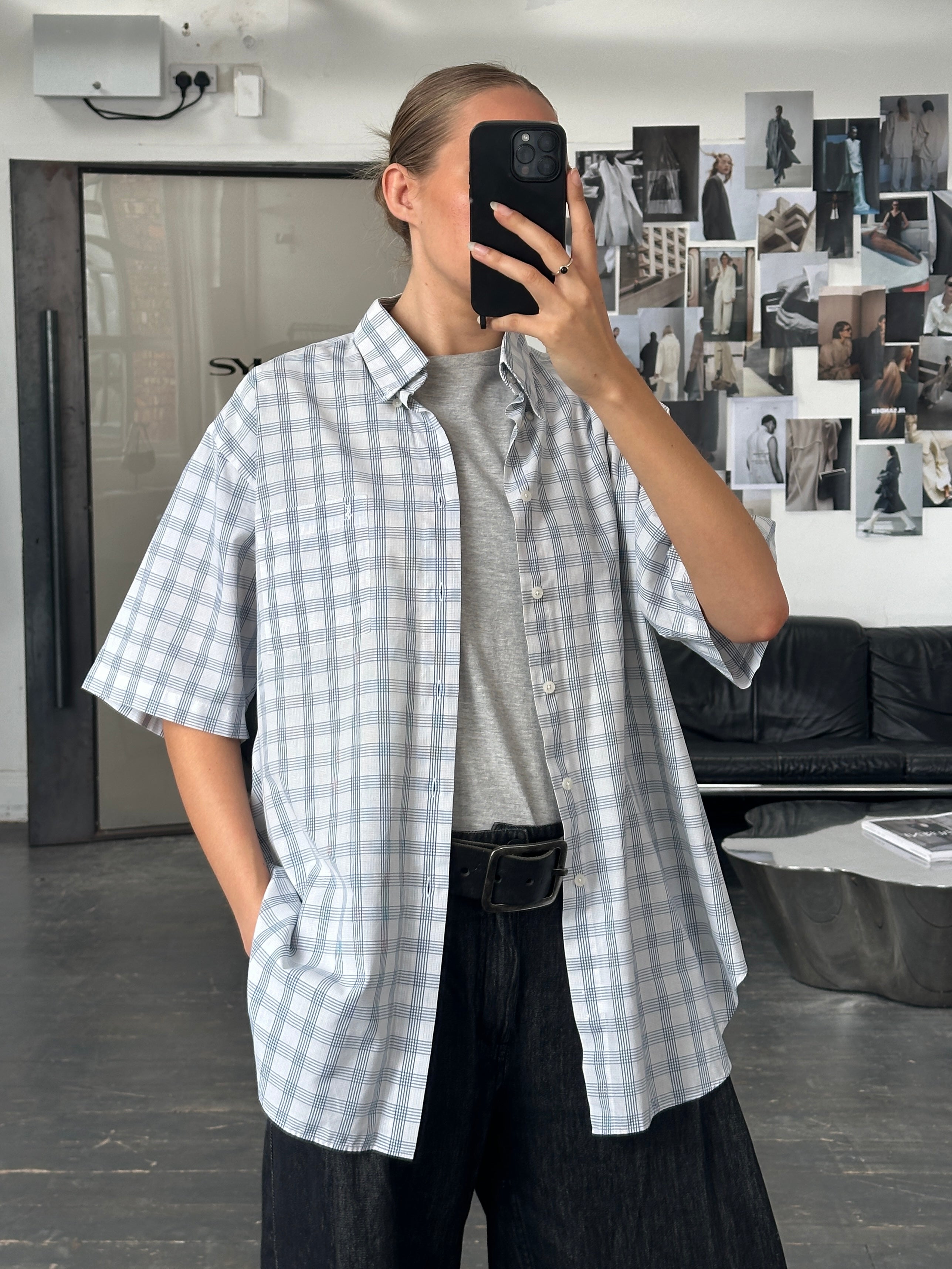 Yves Saint Laurent Pour Homme 2000s cotton check short sleeve logo shirt in XL, featuring a classic check pattern and YSL branding.