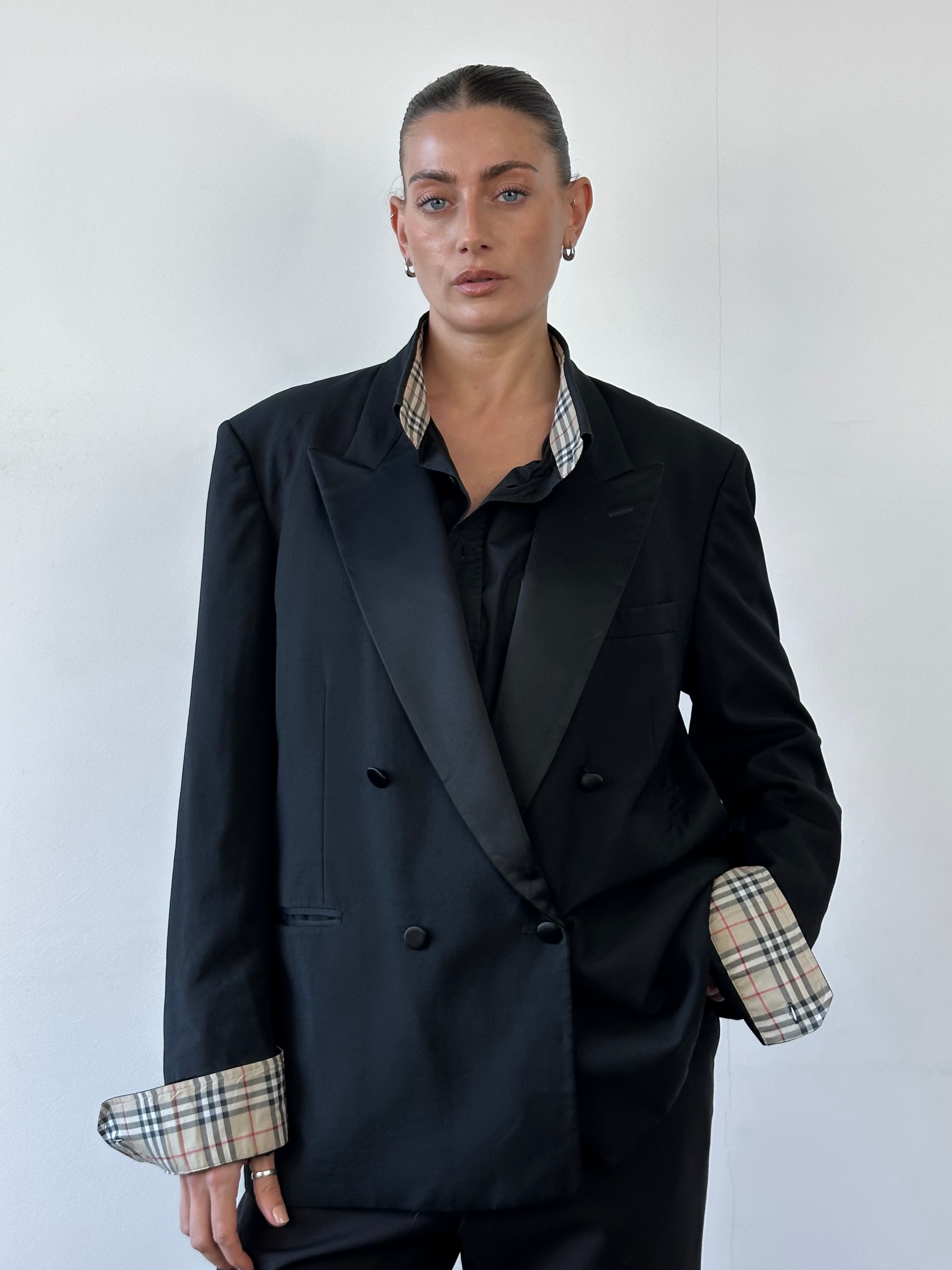 Yves Saint Laurent Pour Homme 1980s wool double-breasted tuxedo blazer in size 44S/XL, featuring classic lapels and tailored fit.
