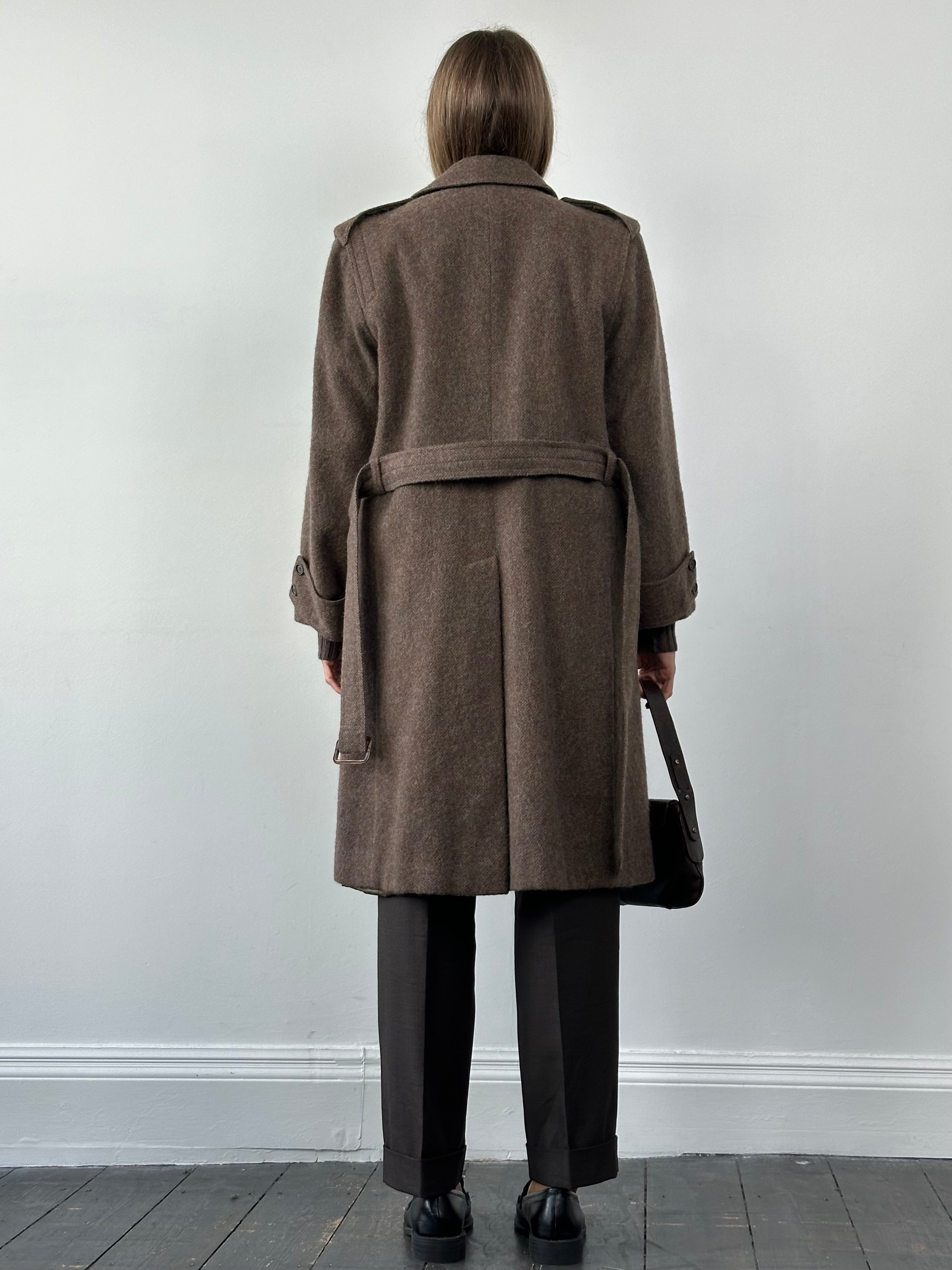 Vintage Italian 1990s wool mohair single-breasted belted coat, size L, with classic design and textured fabric.
