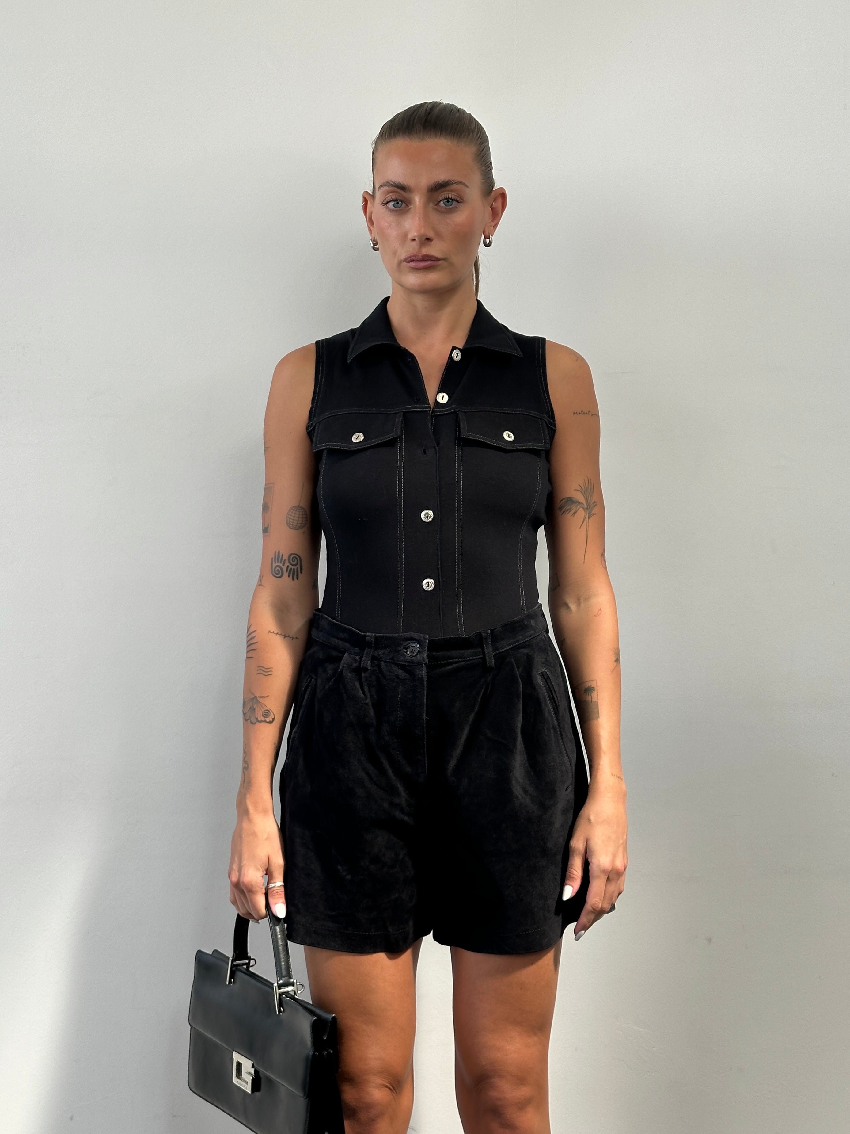 Vintage cotton contrast stitch bodysuit top in size small, featuring vintage-style detailing and a fitted design.
