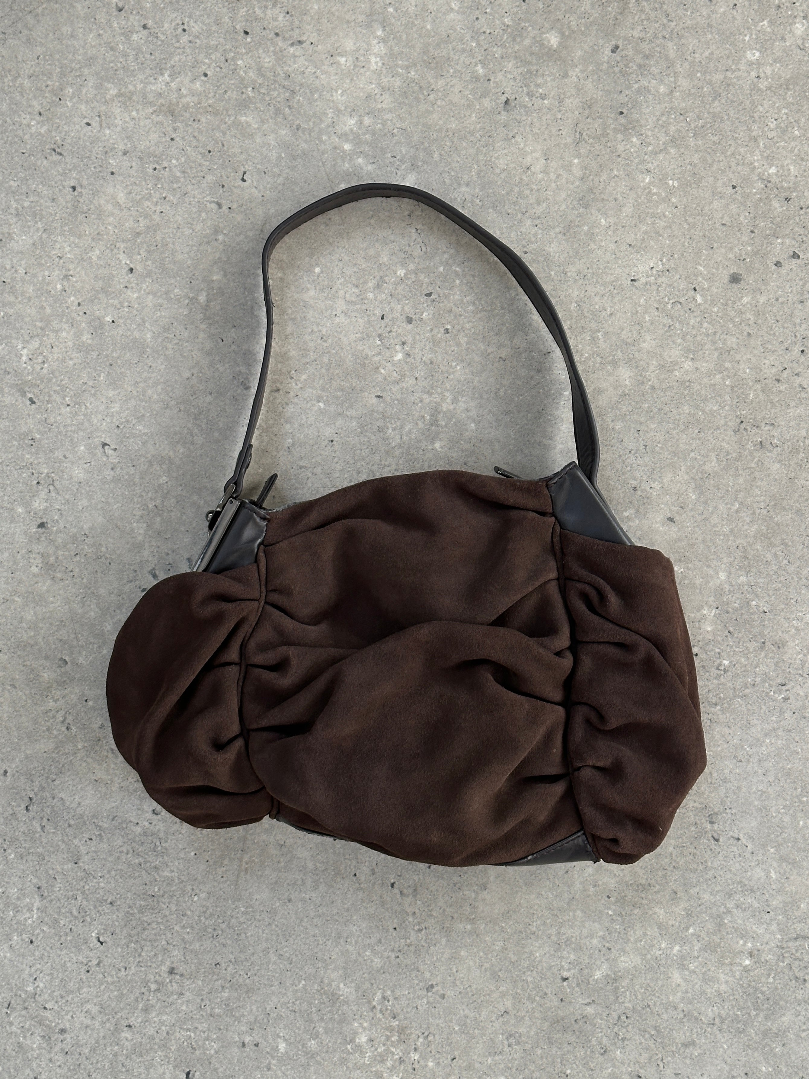 Armani Jeans suede ruched shoulder bag with adjustable strap and gold-tone hardware, stylish and versatile accessory.