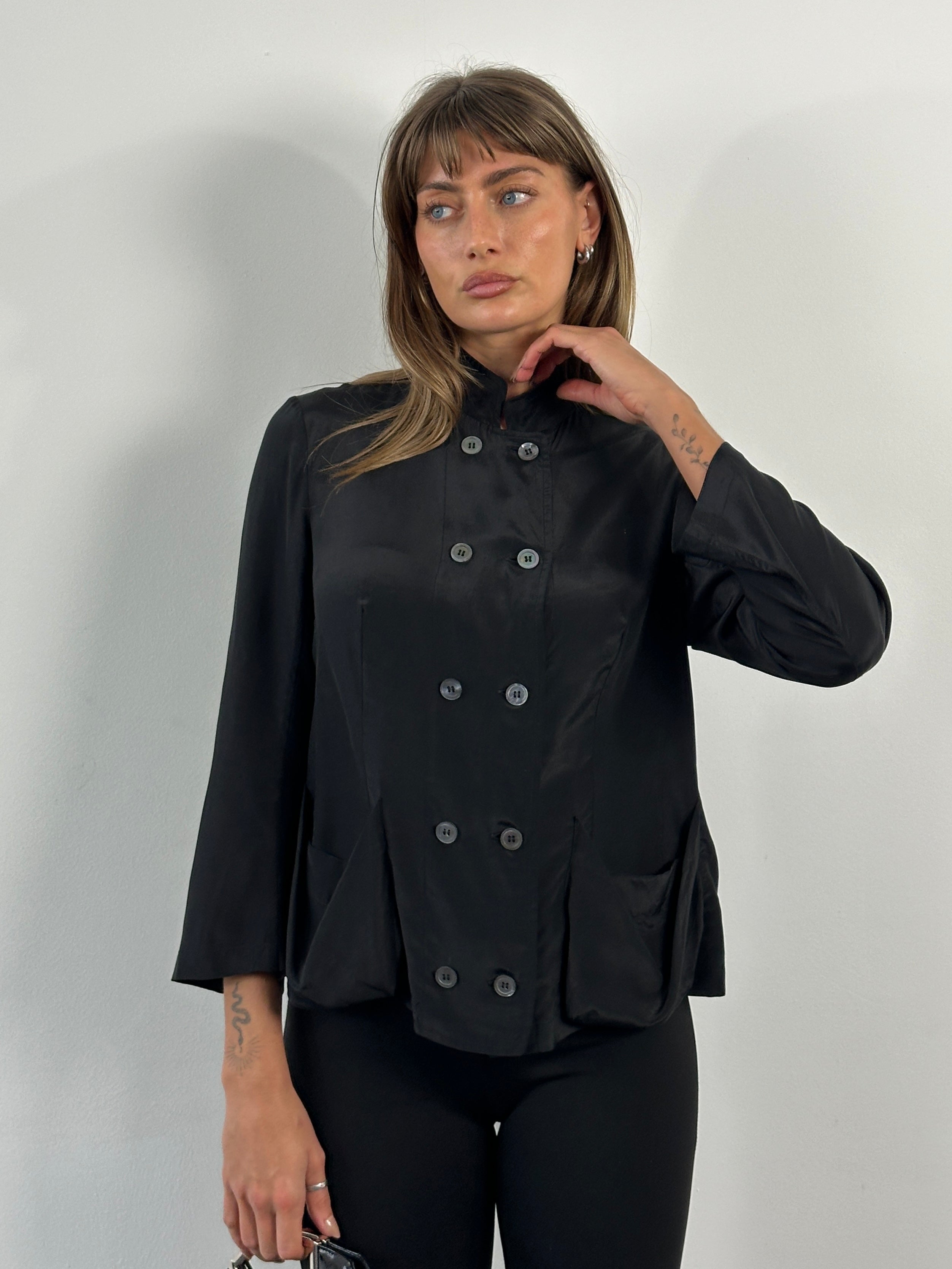 Nicole Farhi 2000s pure silk double-breasted shirt in S/M, shown in soft silk fabric with classic collar and button details.