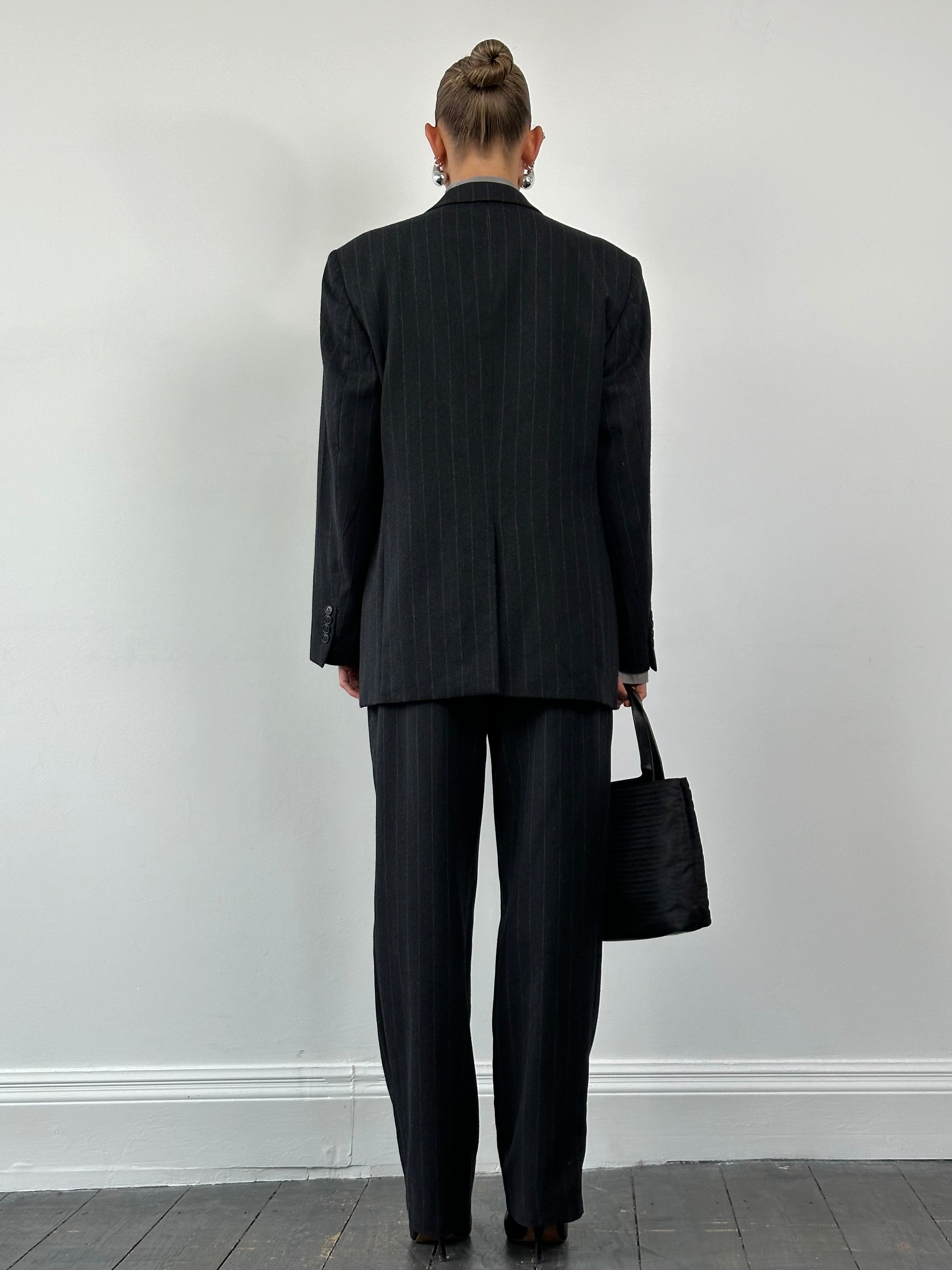 Yves Saint Laurent men's 1990s brushed wool pinstripe three-piece suit, size 40R/W30, featuring a tailored blazer, vest, and trousers.