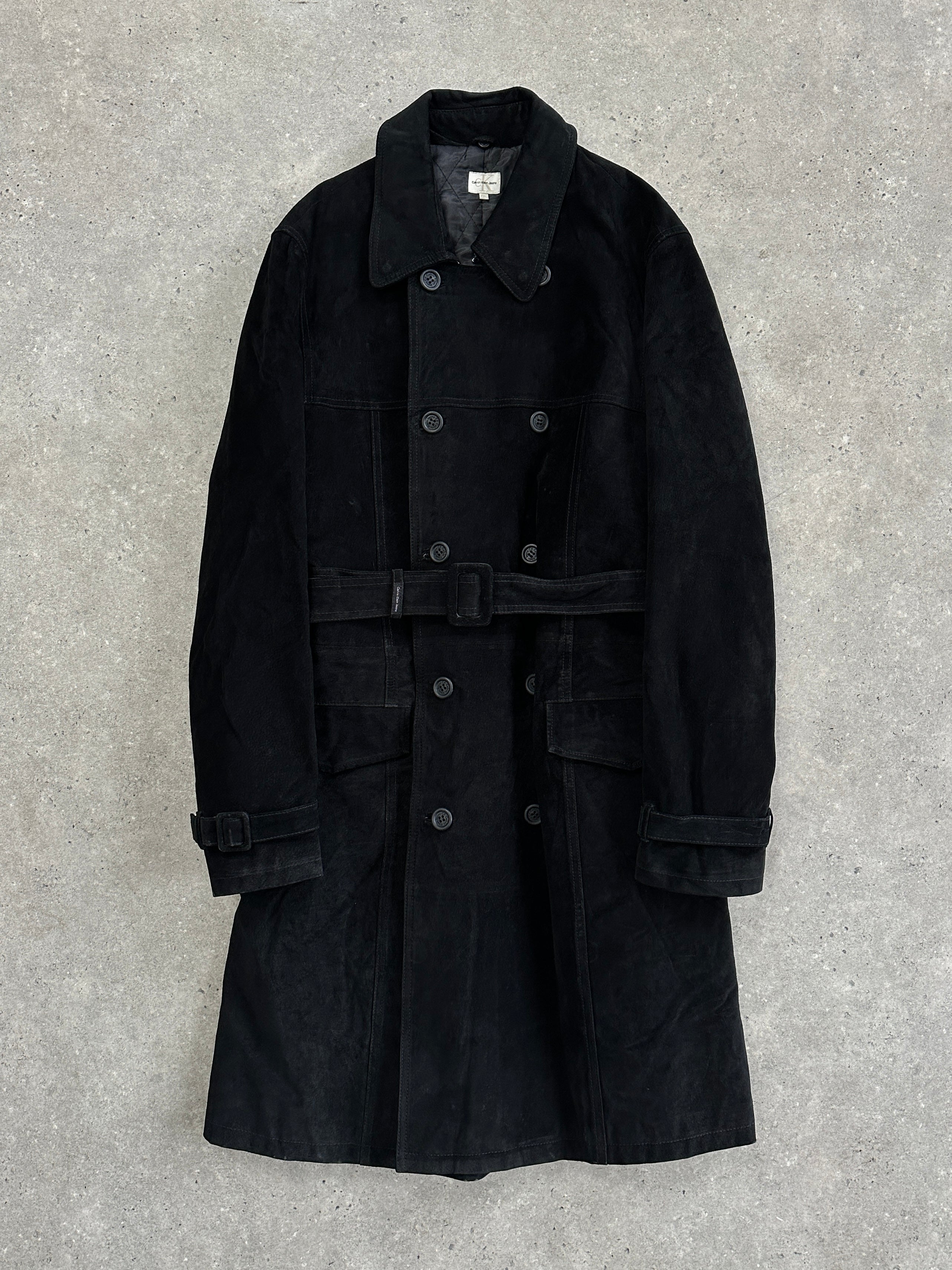 Calvin Klein 1990s suede belted trench coat in XXL, featuring a classic leather jacket style with a belt and vintage design.