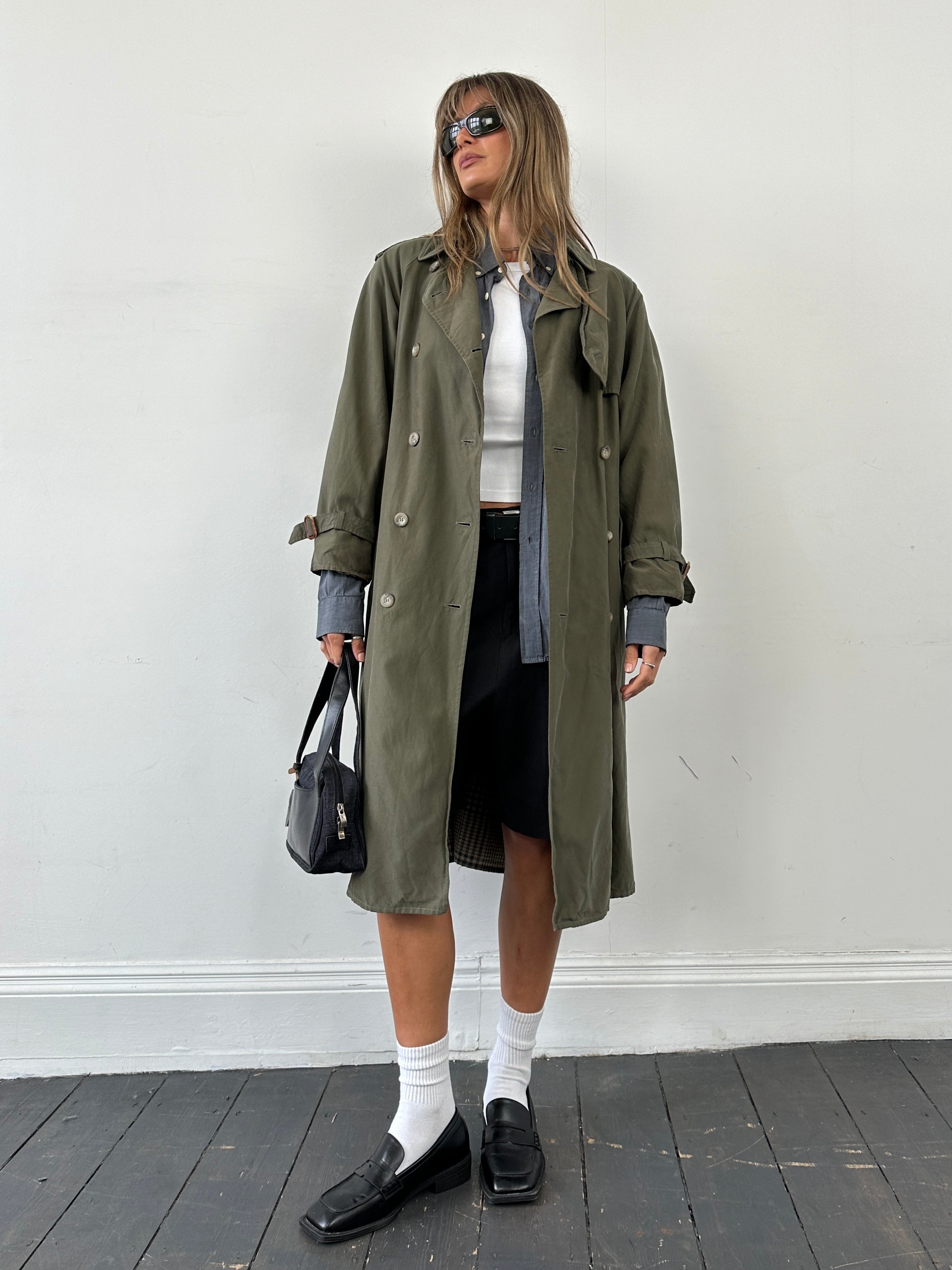 Max Mara Weekend double-breasted belted trench coat in size M, beige fabric with classic collar and button details.