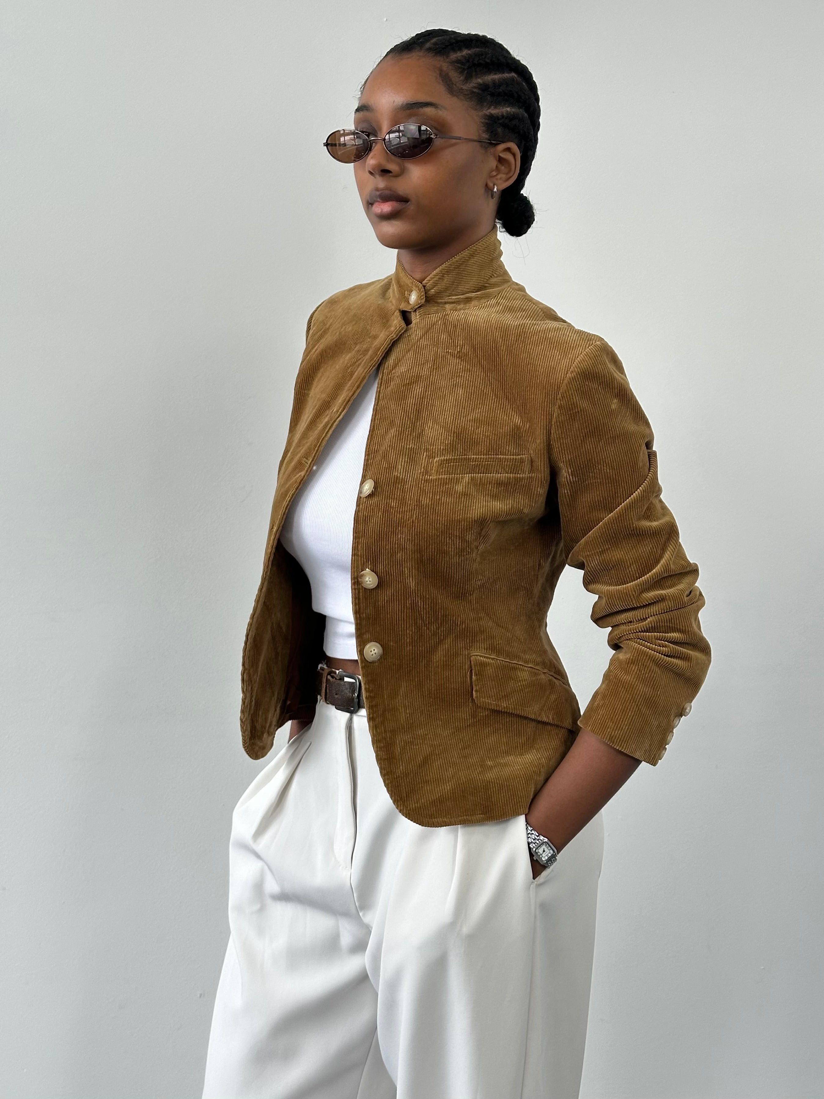 Ralph Lauren high neck corduroy blazer in XS, featuring a classic 2000s style with a structured fit and textured fabric.