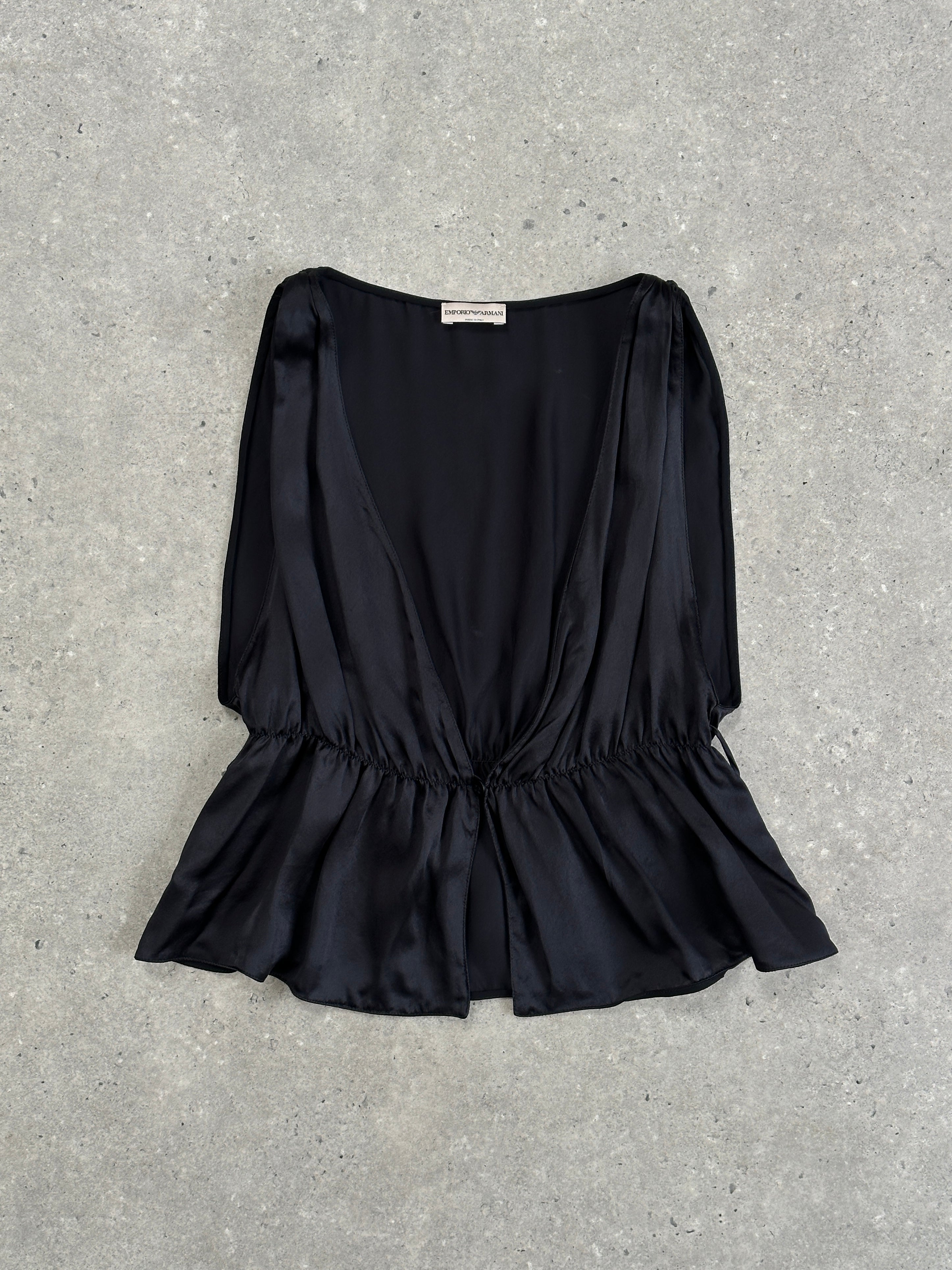 Emporio Armani pure silk ruched tank top in S/M, featuring a sleek, fitted design with elegant ruching details.