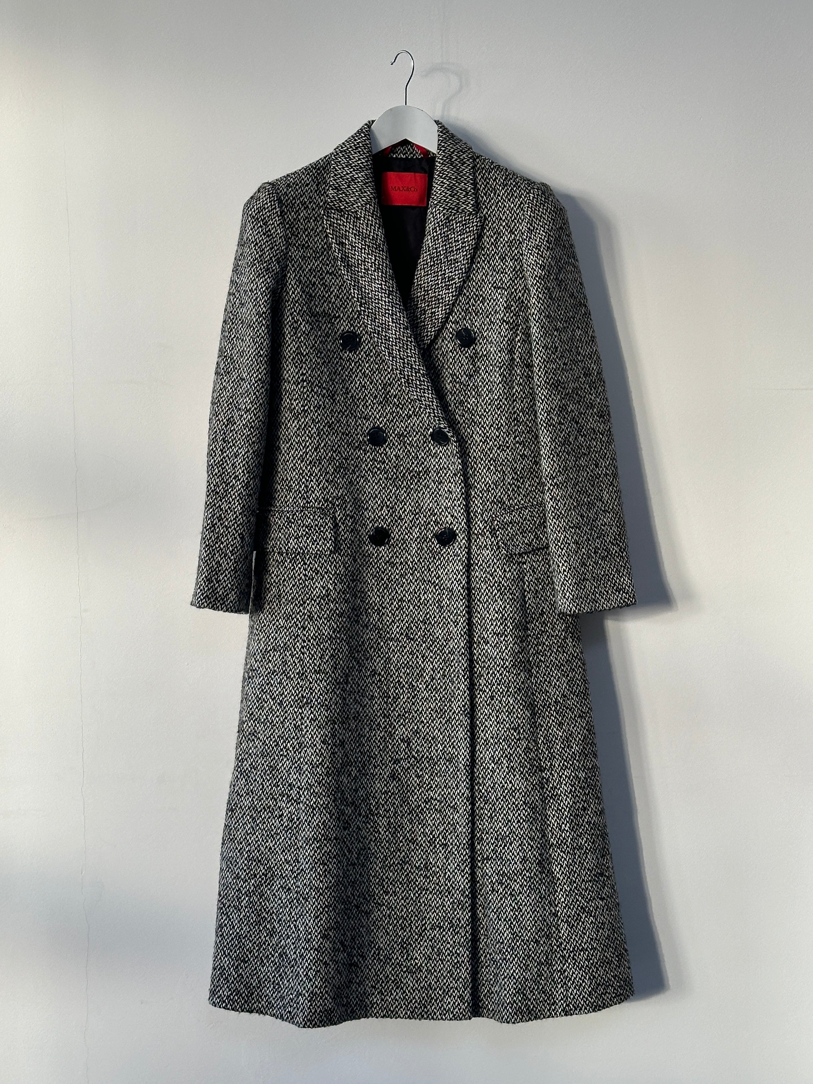 MAX & Co wool blend tweed double-breasted coat in size M, featuring classic tailored design and textured fabric.