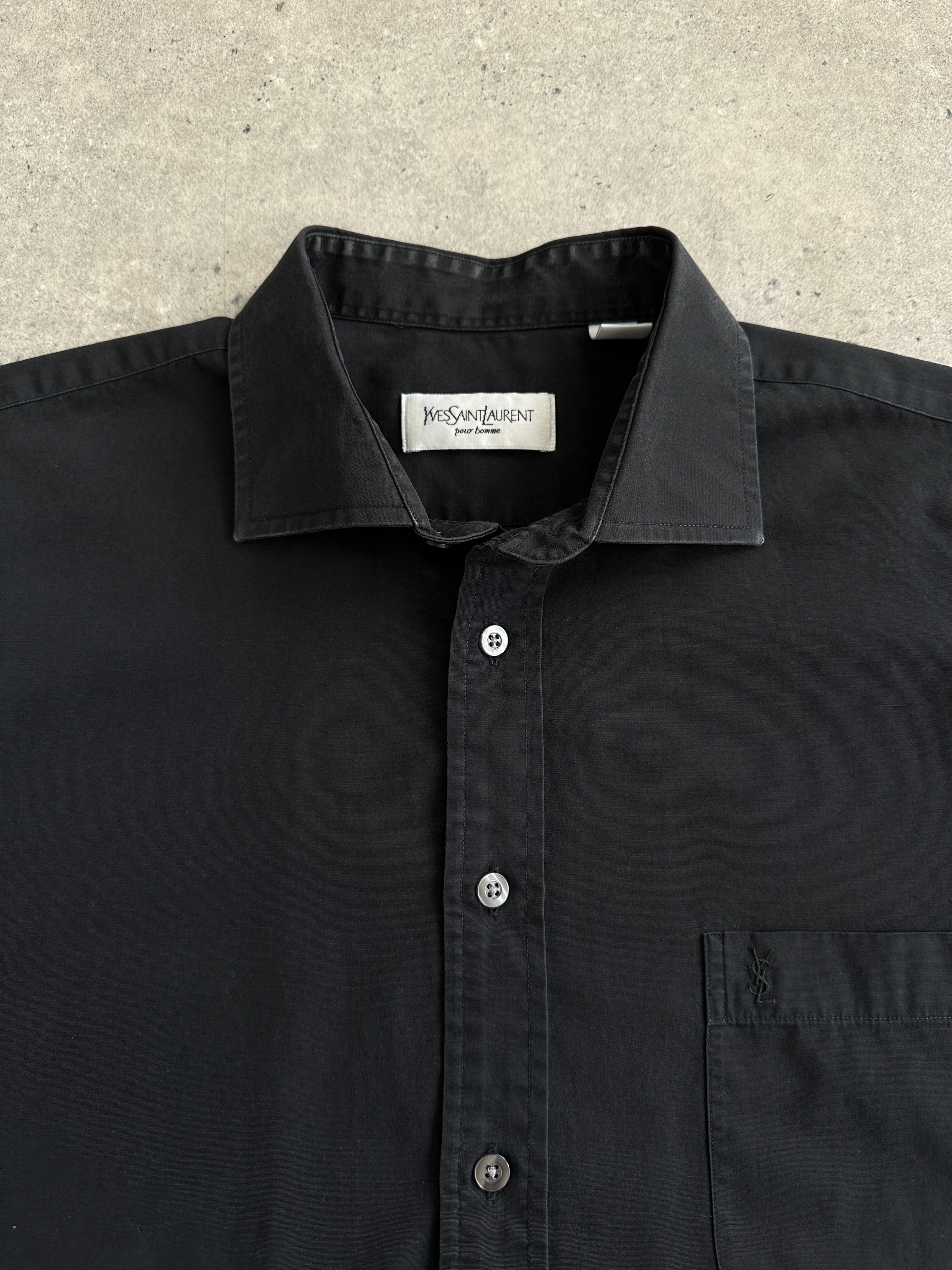 Yves Saint Laurent Pour Homme cotton logo dress shirt in size L/XL, classic button-front design with Yves Saint Laurent branding.