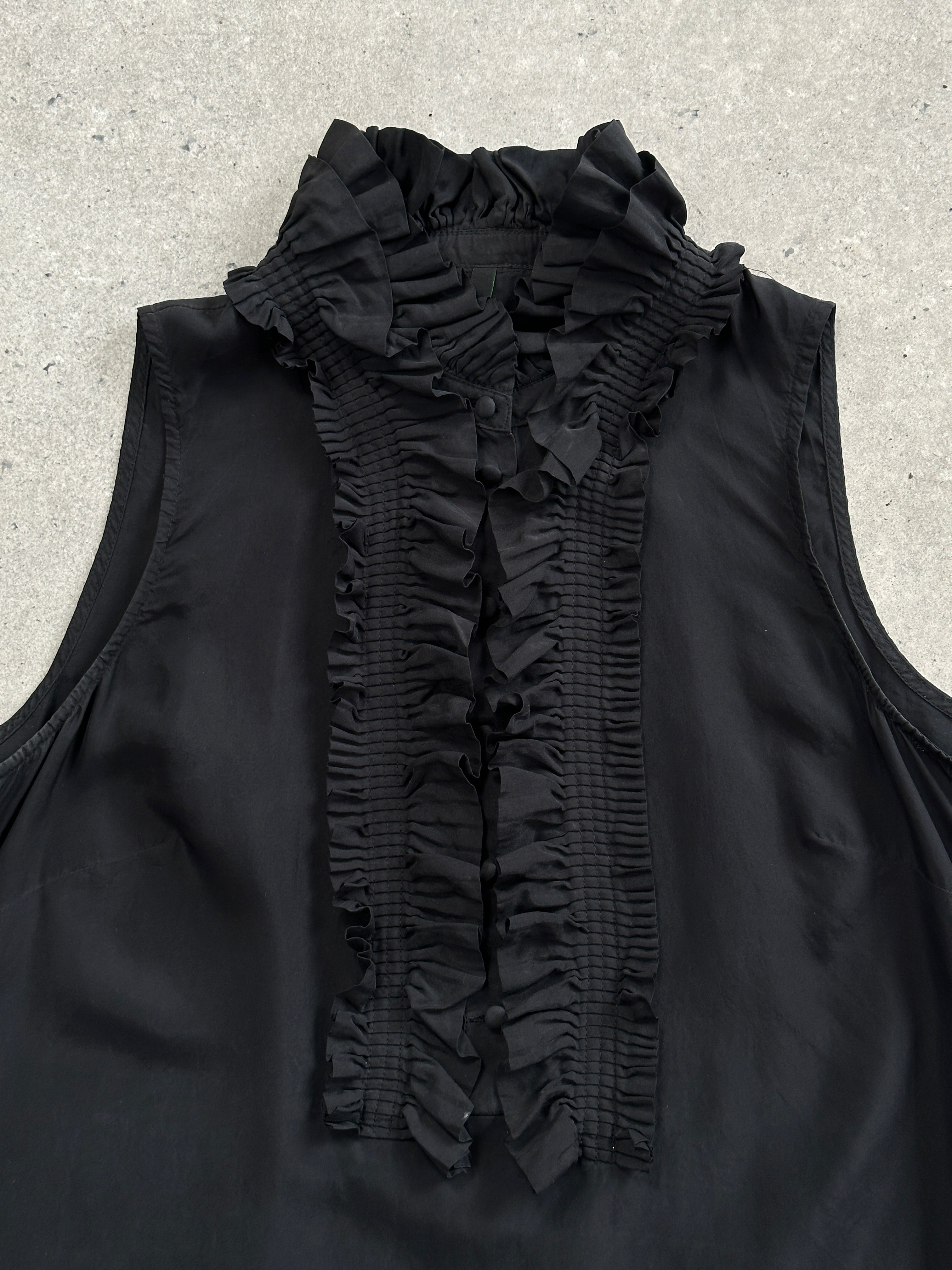 United Colors of Benetton 2000s pure silk sleeveless ruffle tank top, front view showcasing ruffle details and smooth silk fabric.