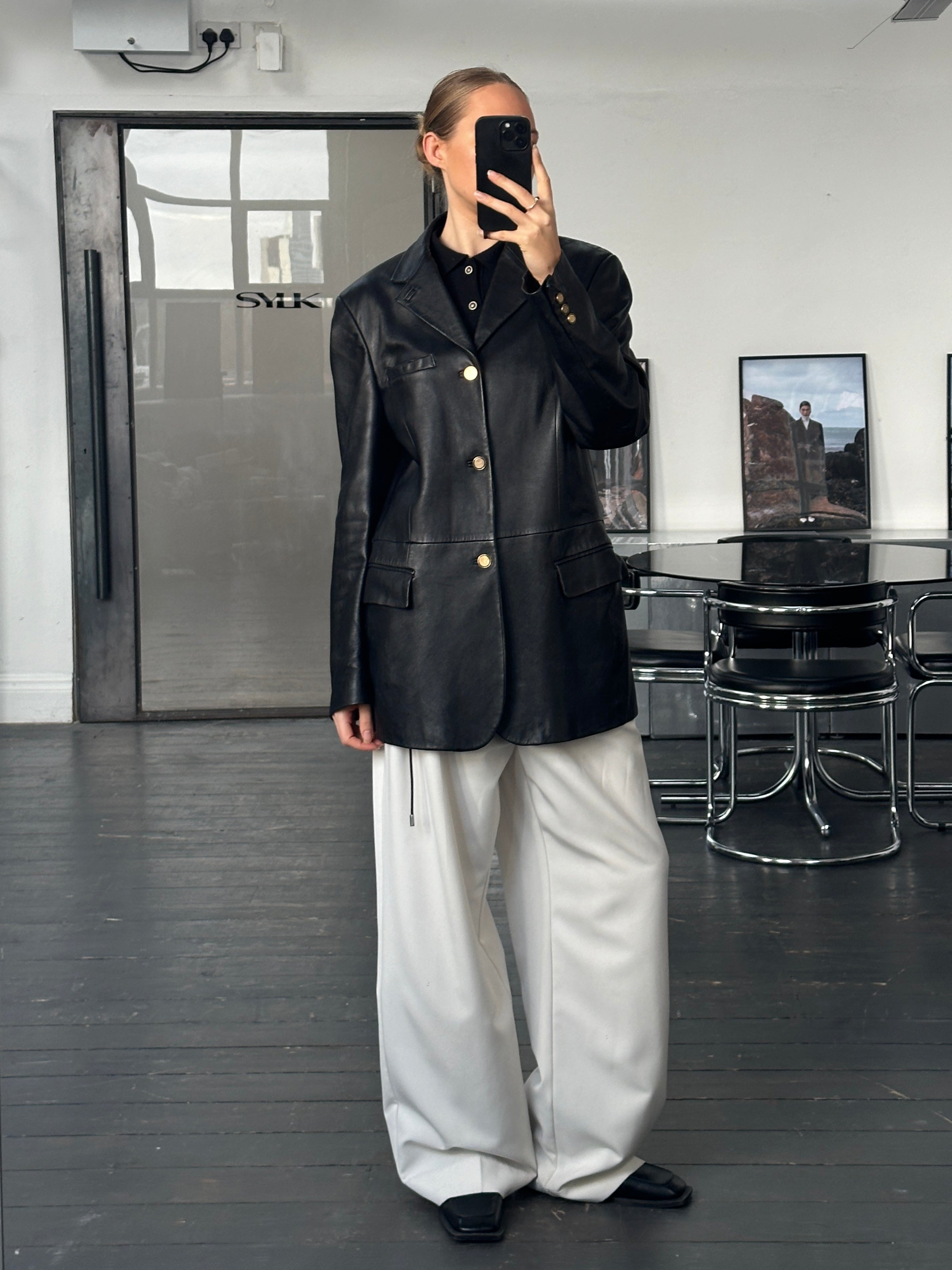 Versace Jeans Couture 1990s bespoke leather blazer jacket in size L, featuring tailored design and button details.