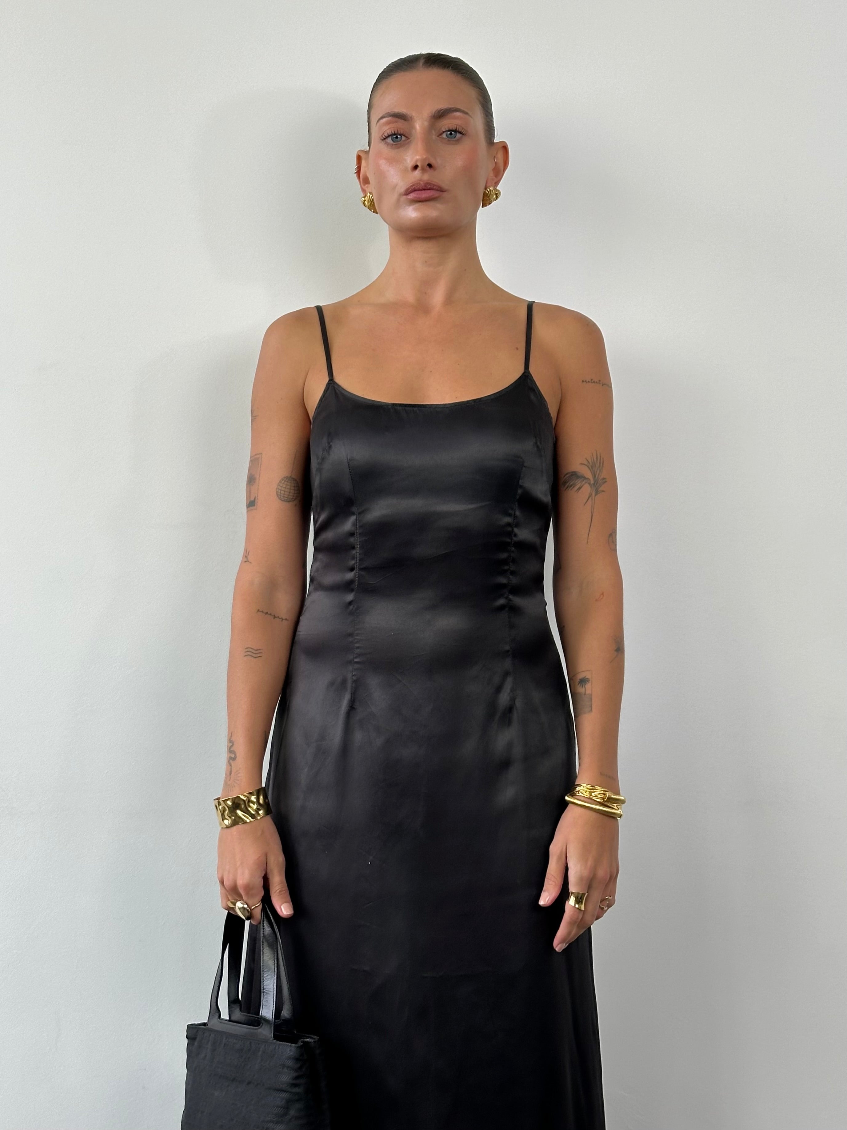 Moschino 1990s Cheap & Chic satin maxi dress in S/M with flowing fabric and vibrant color, stylish vintage evening wear.