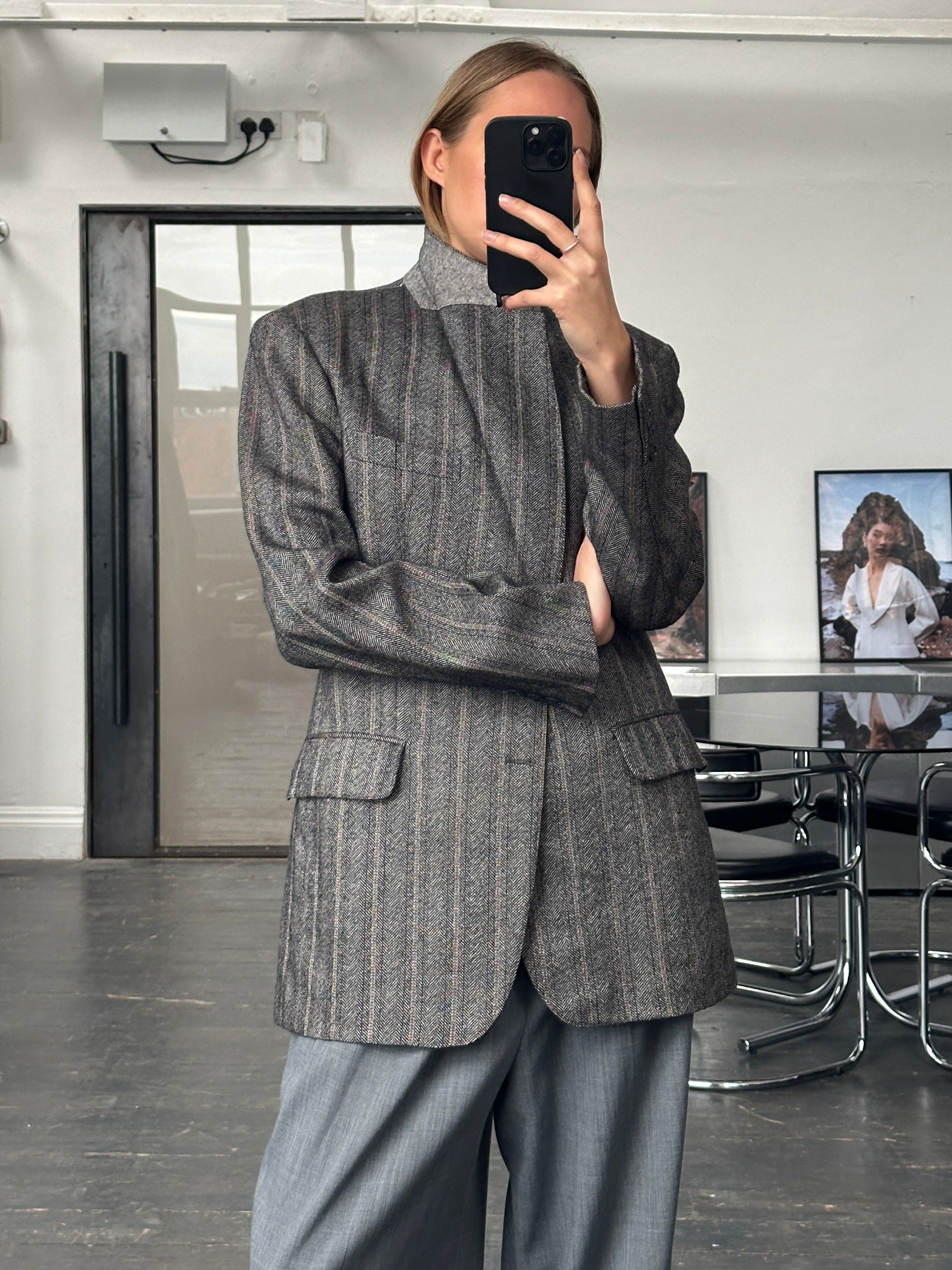 Christian Dior Monsieur 1980s pure wool tweed herringbone blazer, 42R/XL, showing classic tailored fit and textured fabric details.