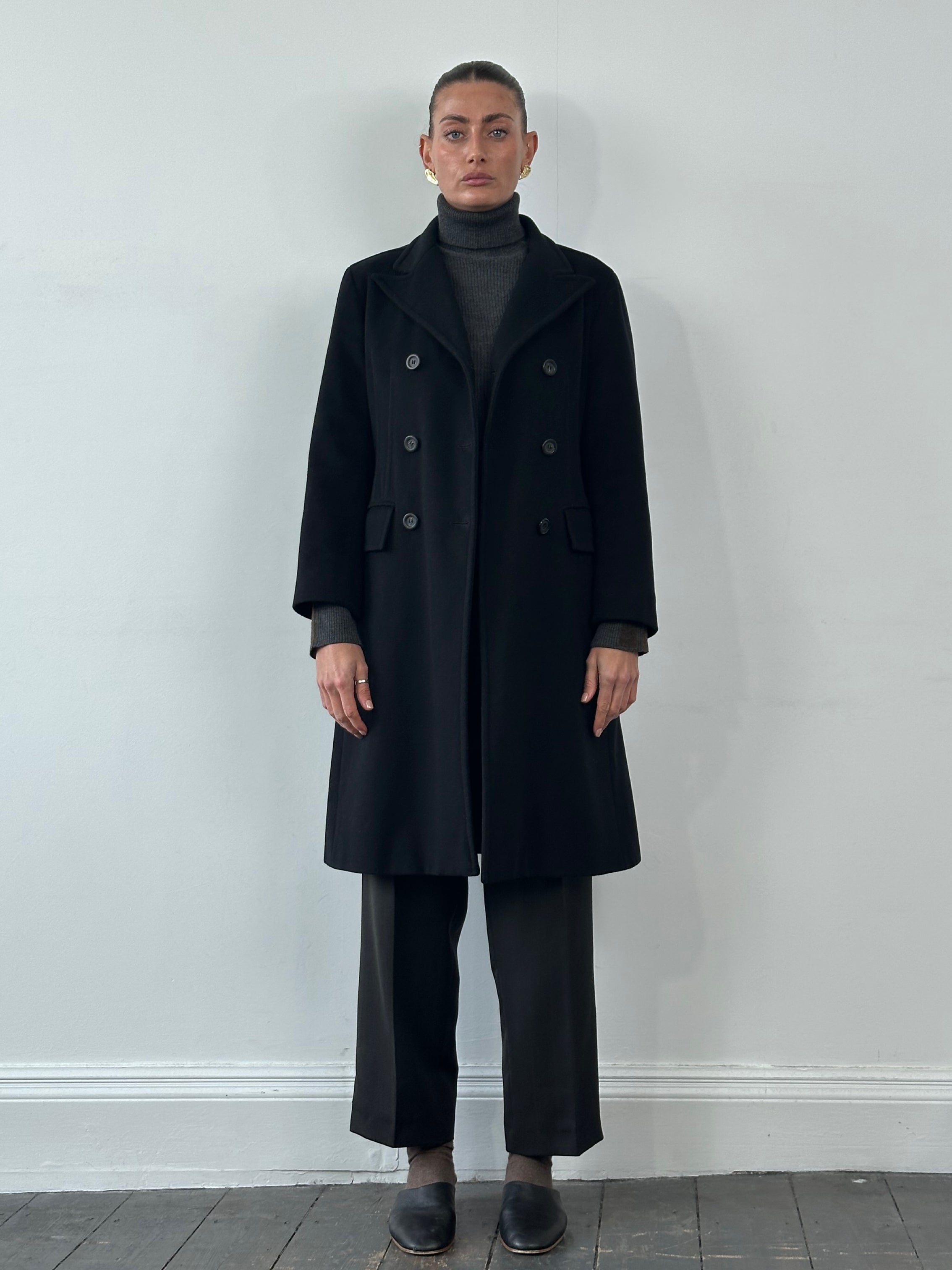 Max Mara Marella virgin wool double-breasted coat in S/M, shown on a hanger with front view and classic tailored design.