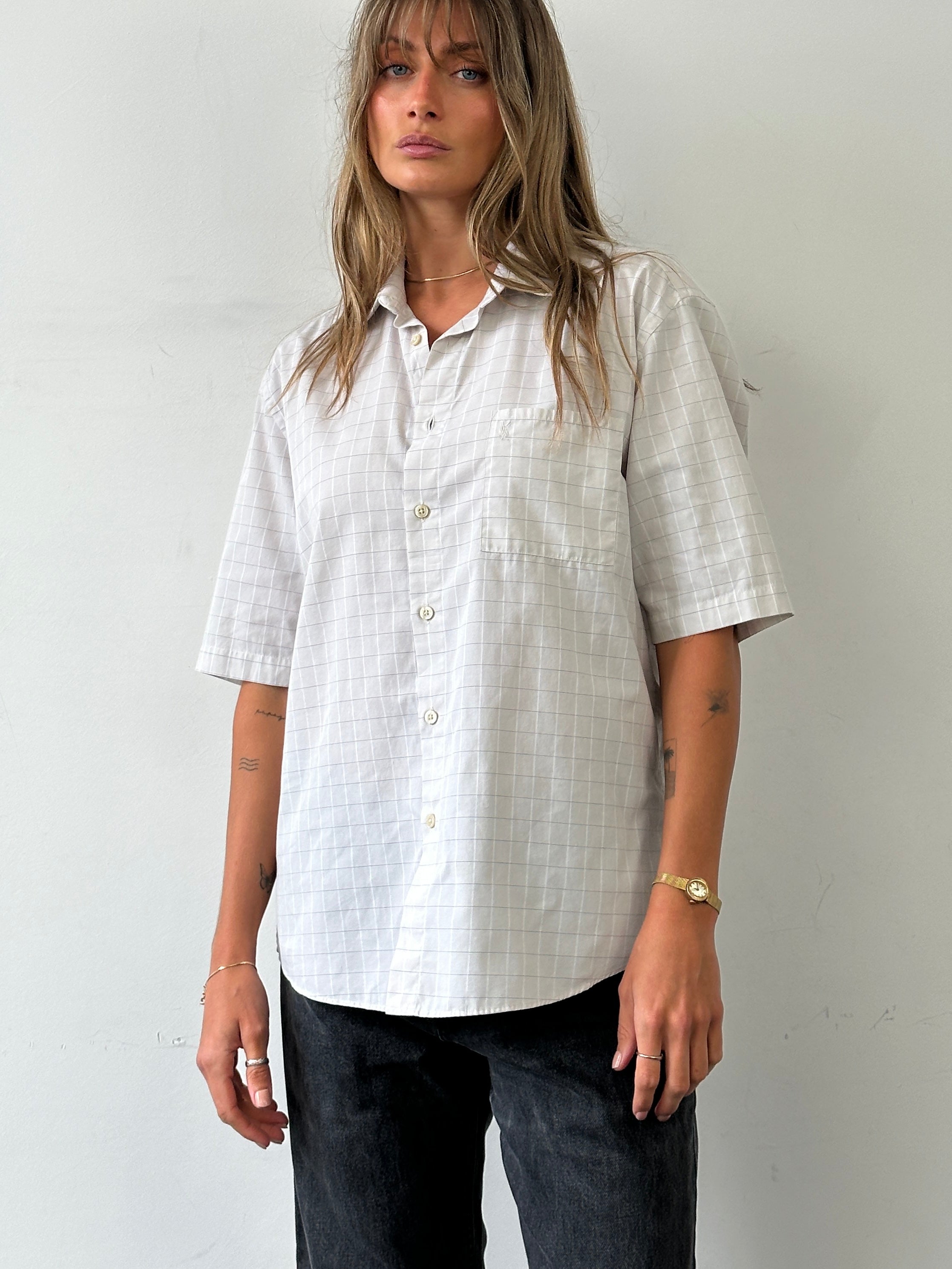 Yves Saint Laurent Pour Homme check cotton short sleeve shirt in size L, featuring logo detail and classic button front.
