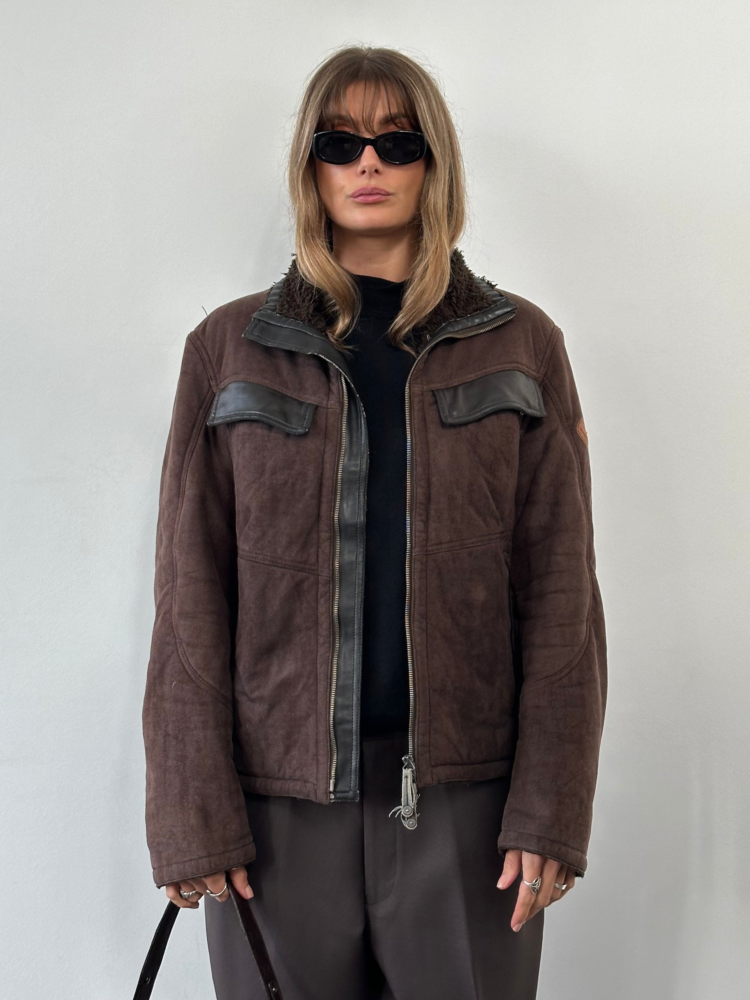 Armani Jeans double zip faux suede jacket in black, featuring a stylish design and multiple zipper details.