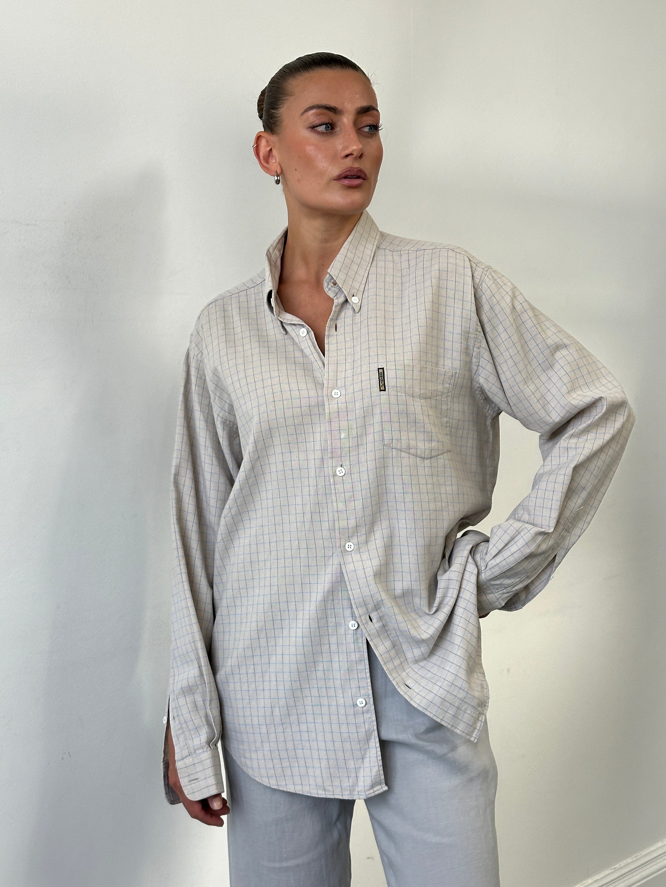 Armani Jeans check pure cotton logo shirt in size L/XL, featuring a classic check pattern and Armani branding.