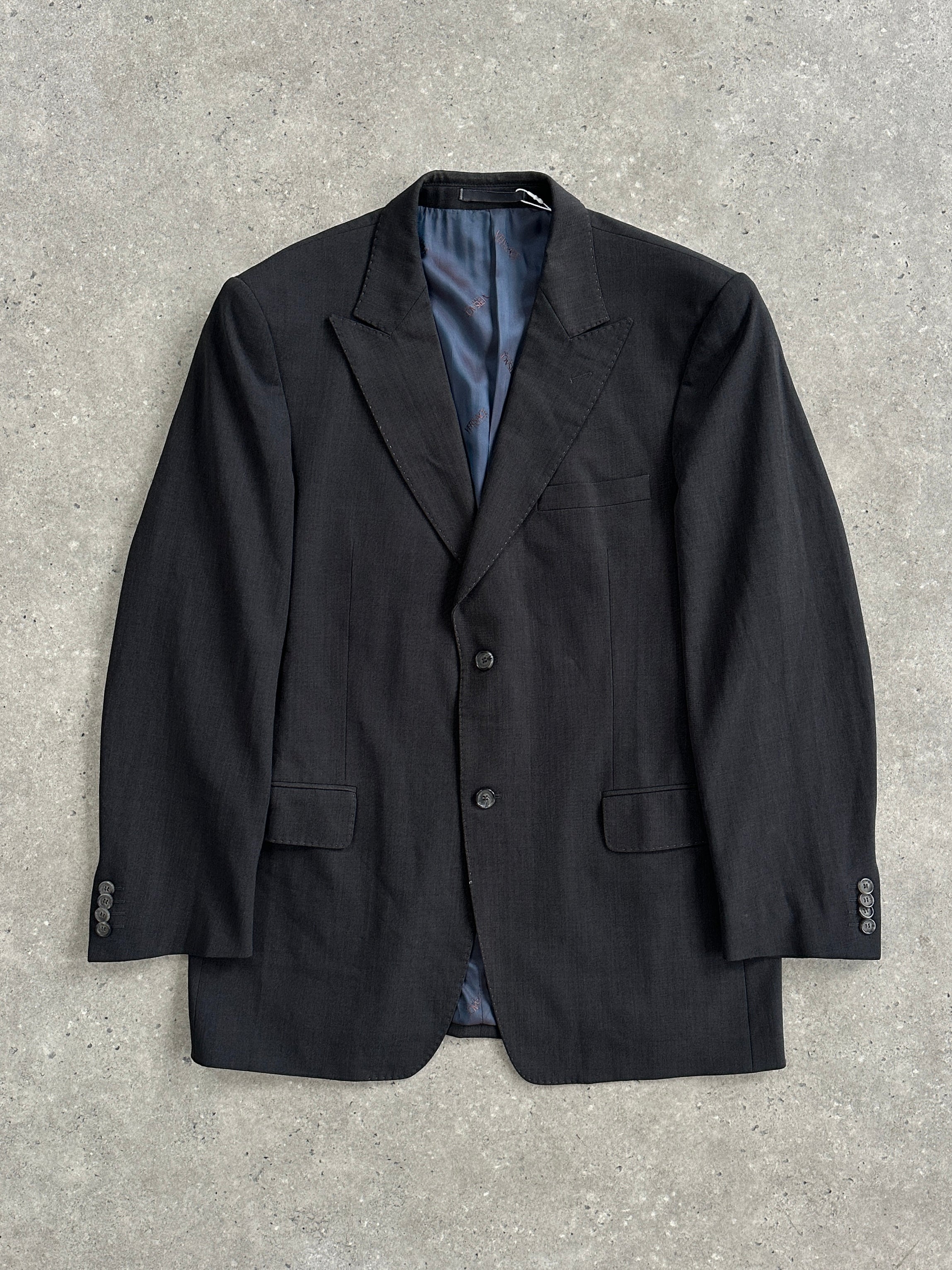 Versace Collection 2000s wool single-breasted blazer in size 42R/XL, tailored fit, dark color, stylish classic design.