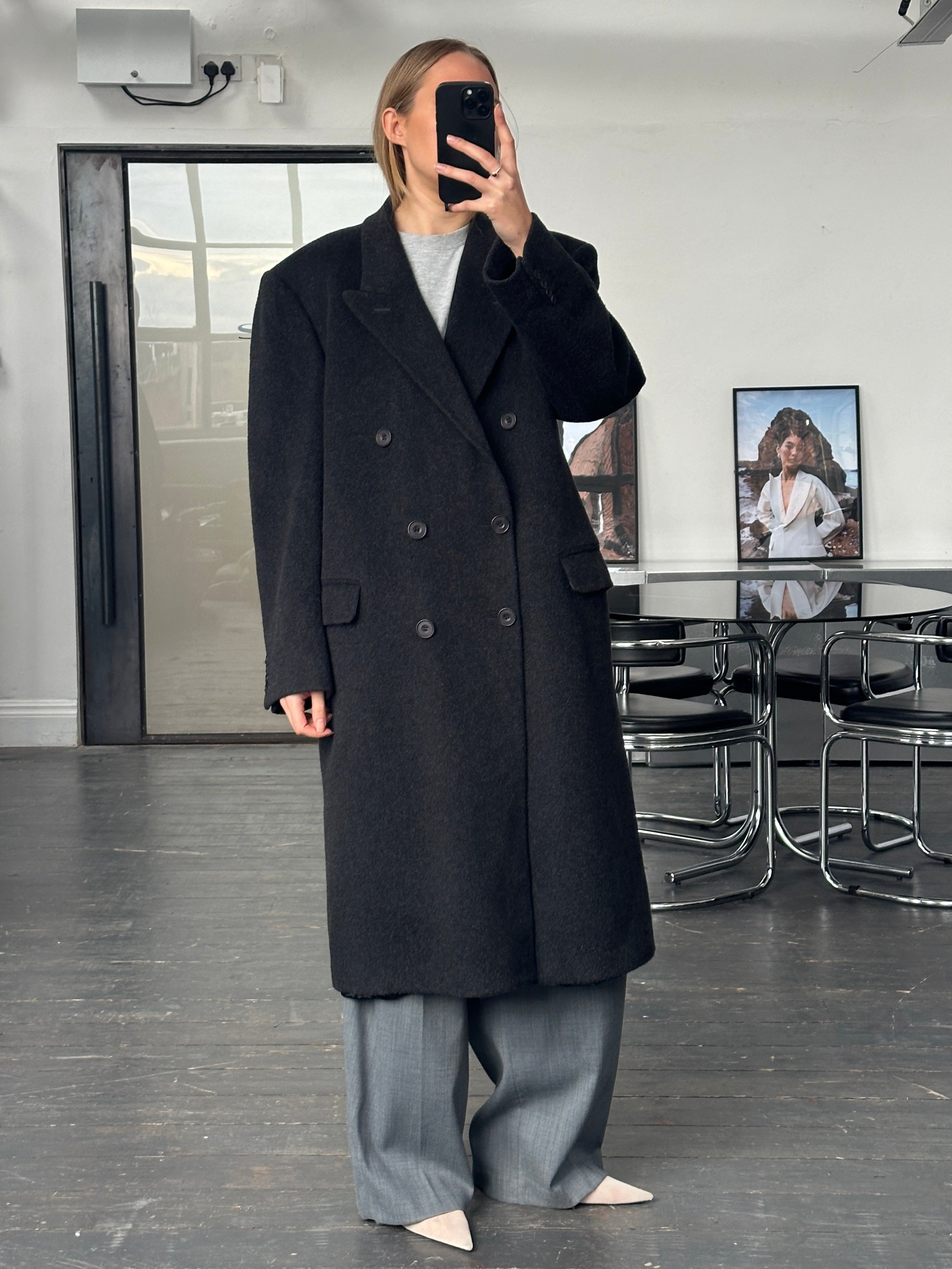 Vintage British 1990s wool cashmere double-breasted coat in XL, stylish and warm, with classic tailored design and timeless appeal.