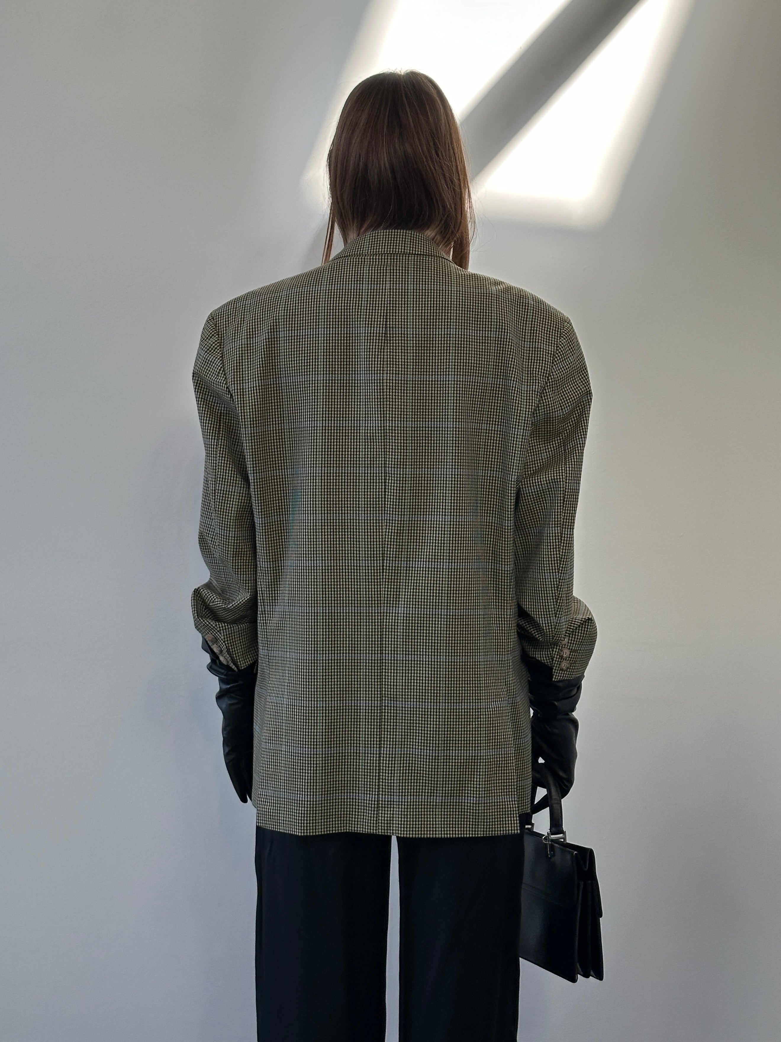 Yves Saint Laurent Pour Homme 1990s wool check blazer, single-breasted, size 44R/XL, classic tailored men's blazer.