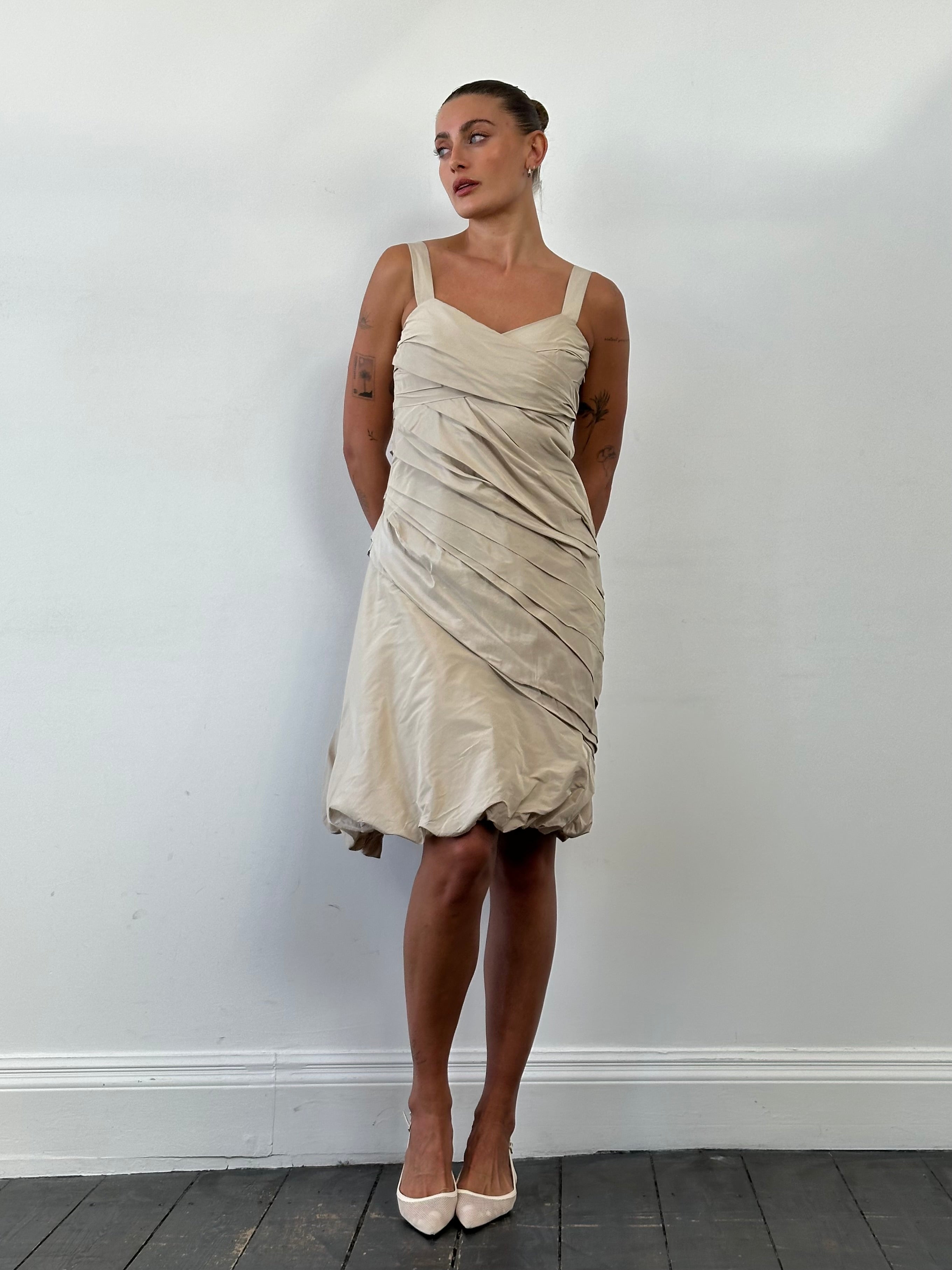 Max Mara silk asymmetric bubble hem mini dress, UK size 10, with elegant design and flowing fabric, perfect for stylish occasions.
