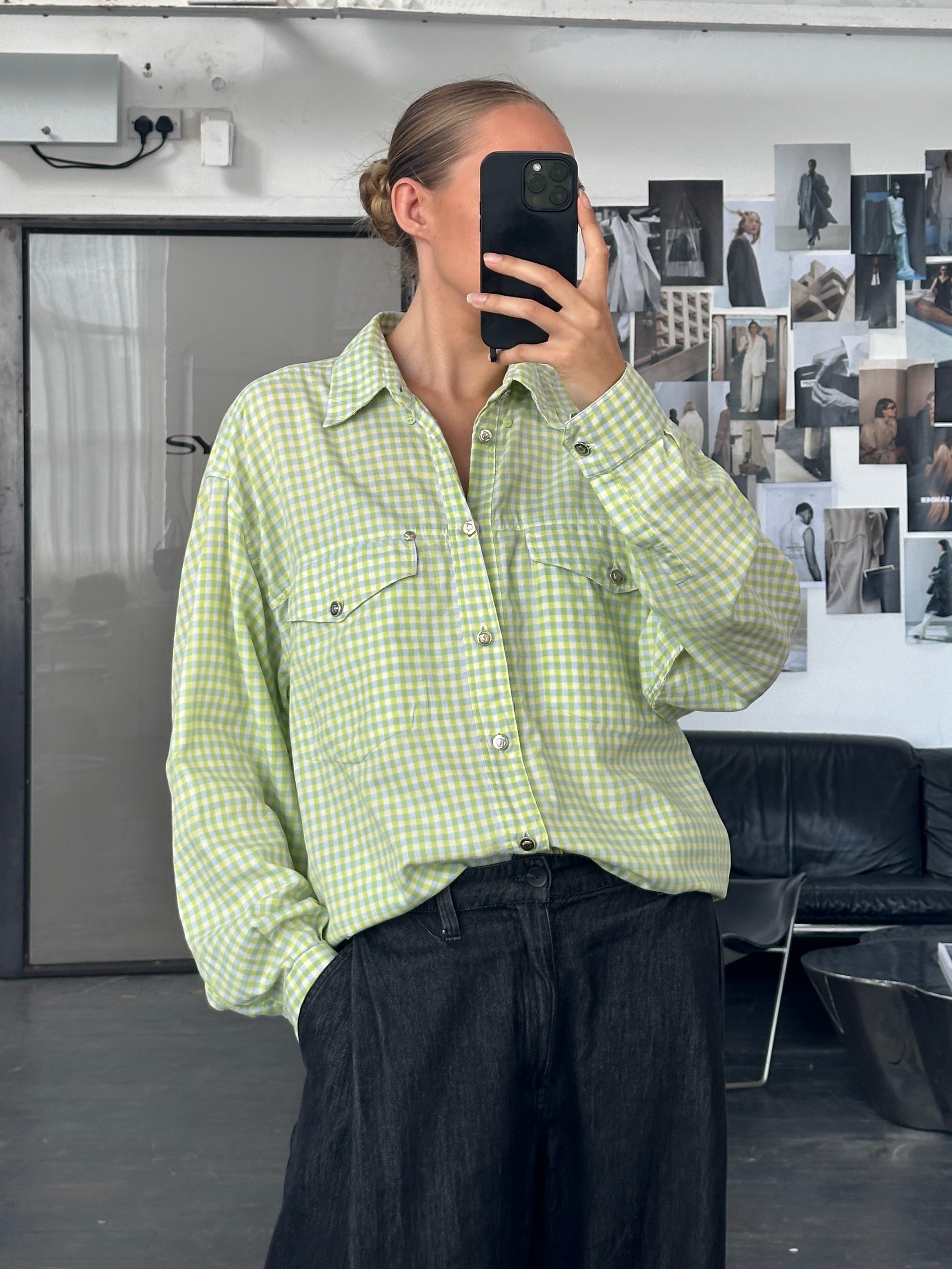 Versace Jeans Couture 1990s check cotton shirt in size L/XL, featuring a classic check pattern and stylish collar.