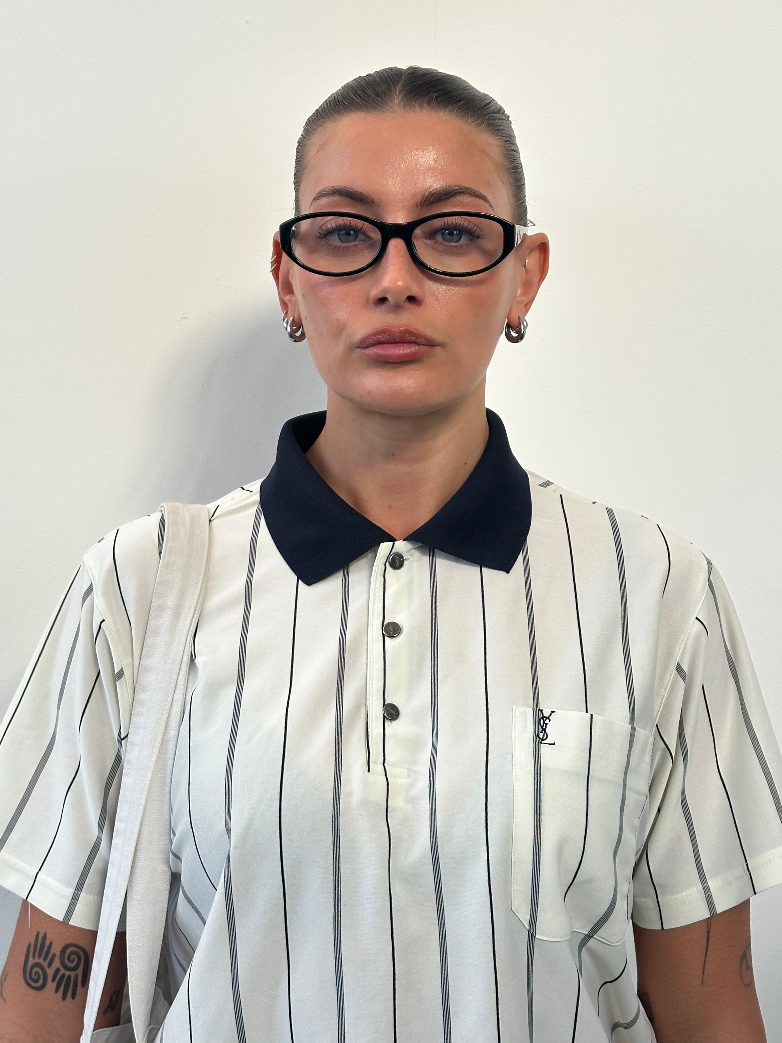 Yves Saint Laurent 1990s pure silk stripe polo shirt in size M, featuring classic design and vibrant multicolor stripes.