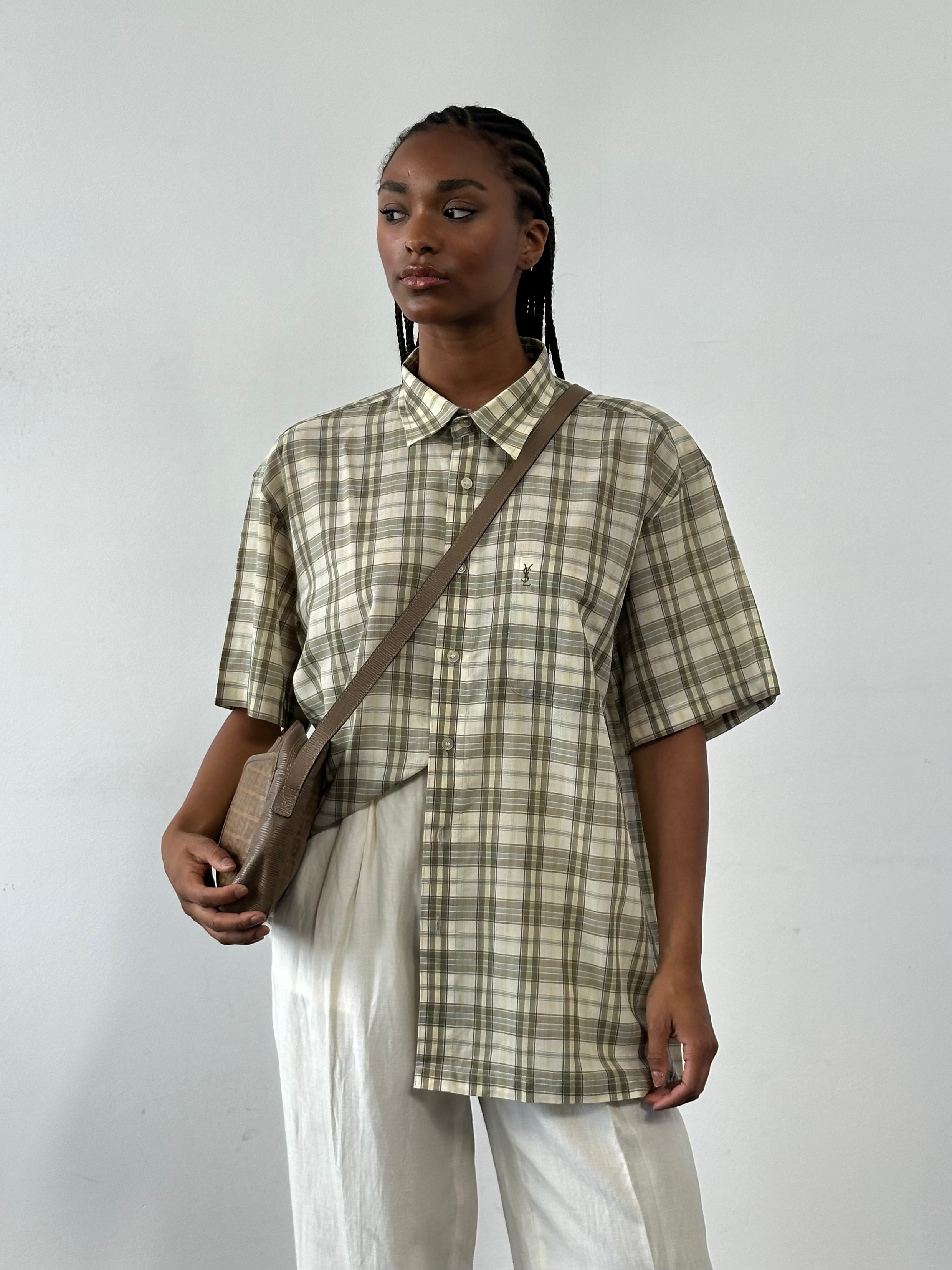 Yves Saint Laurent Pour Homme check cotton short sleeve logo shirt in XL, featuring a classic pattern and YSL branding.