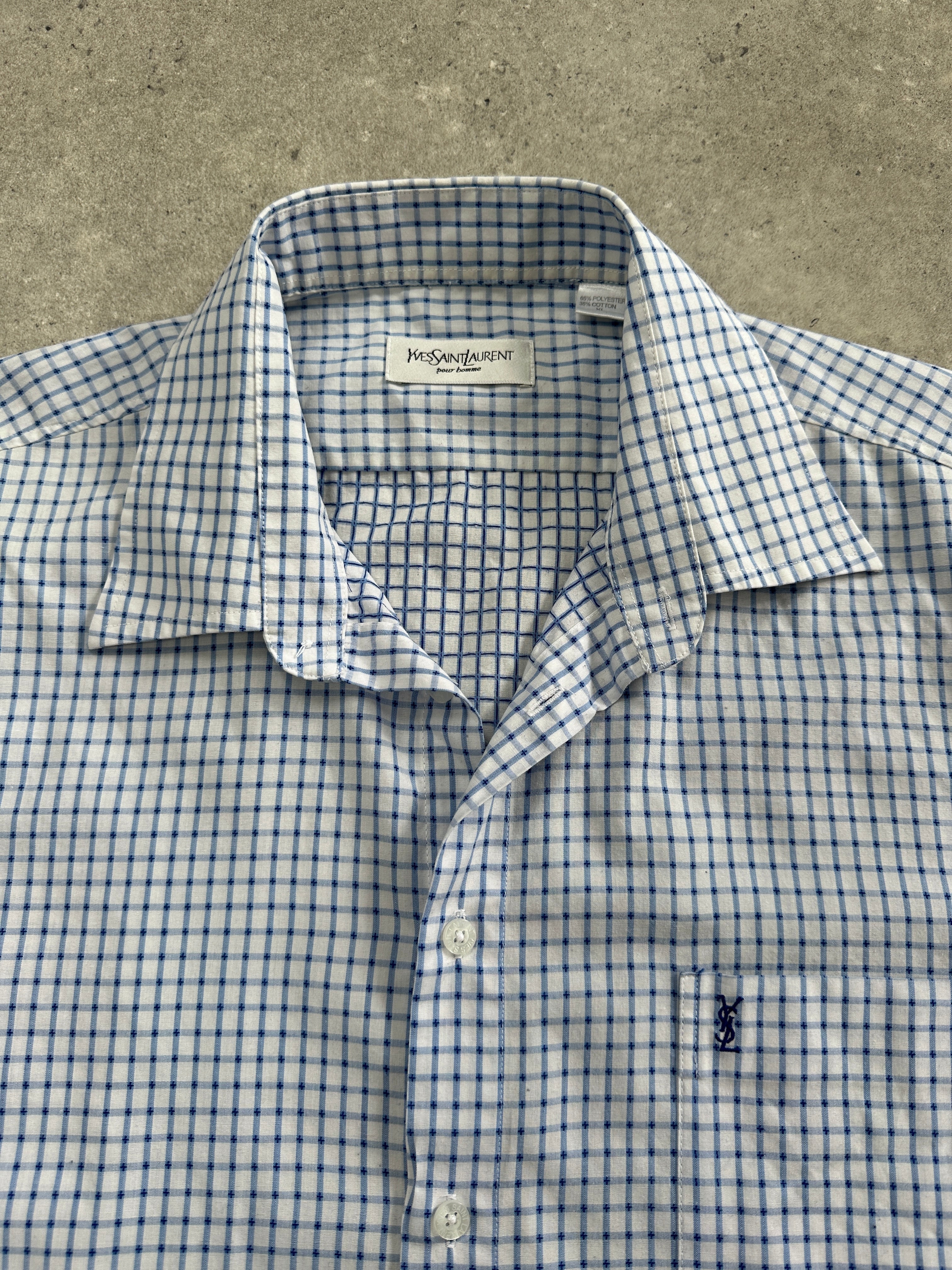 Yves Saint Laurent men's short sleeve cotton check logo shirt in XL, featuring a classic check pattern and YSL branding.