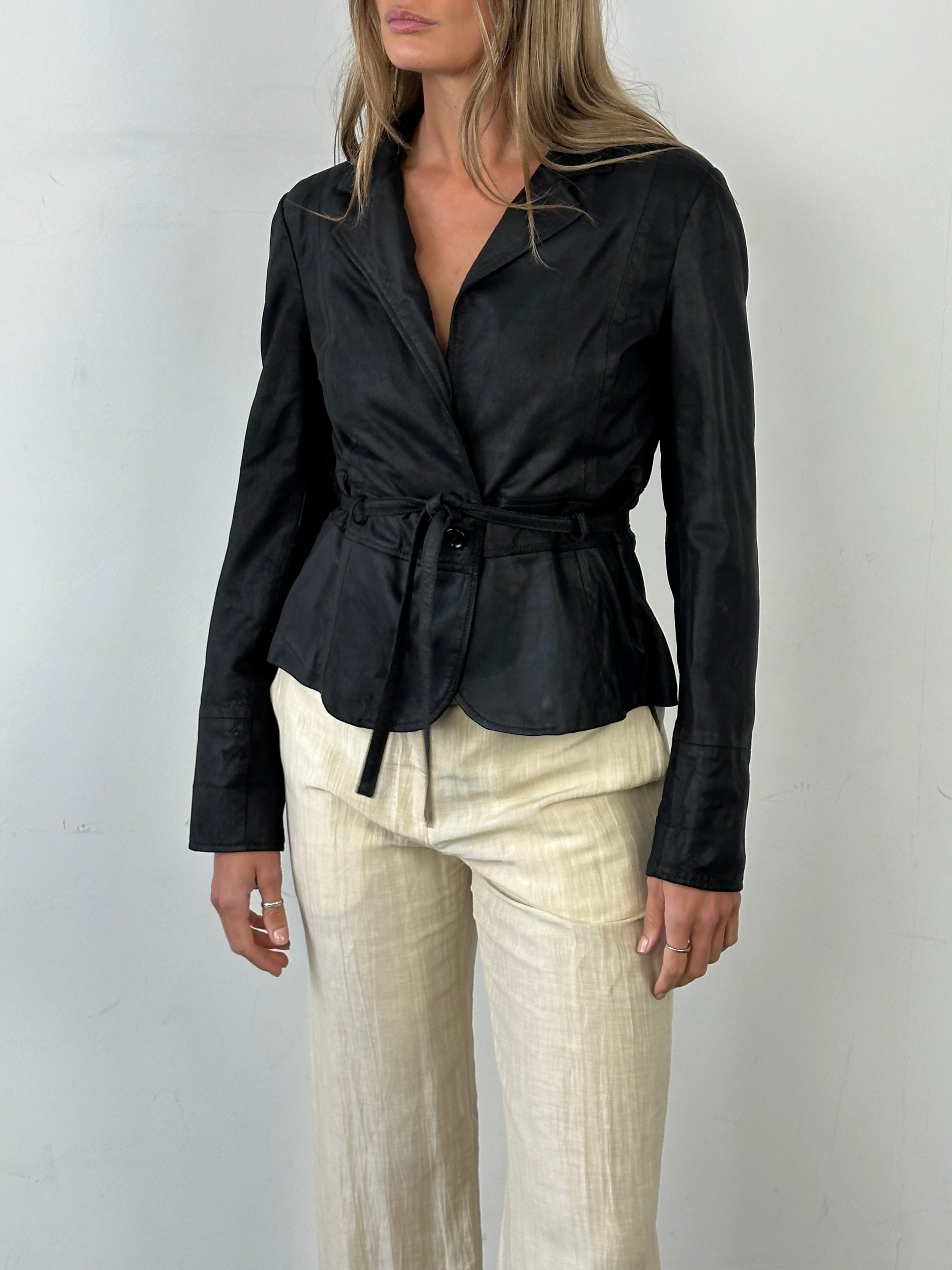 Conbipel nubuck leather lambskin tie waist jacket in size S/M, showcasing its sleek design and soft leather texture.