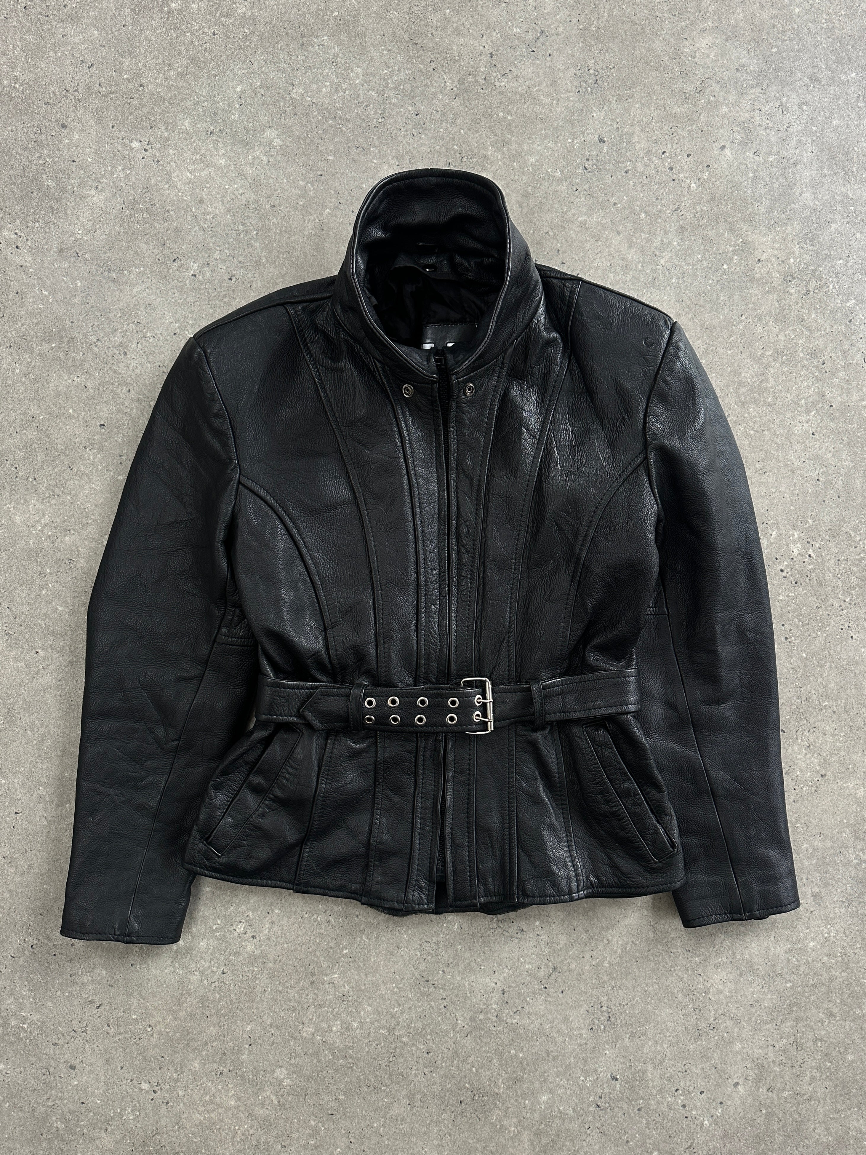 Vintage 1990s high neck belted leather jacket in size M, showing classic design and rich leather texture.