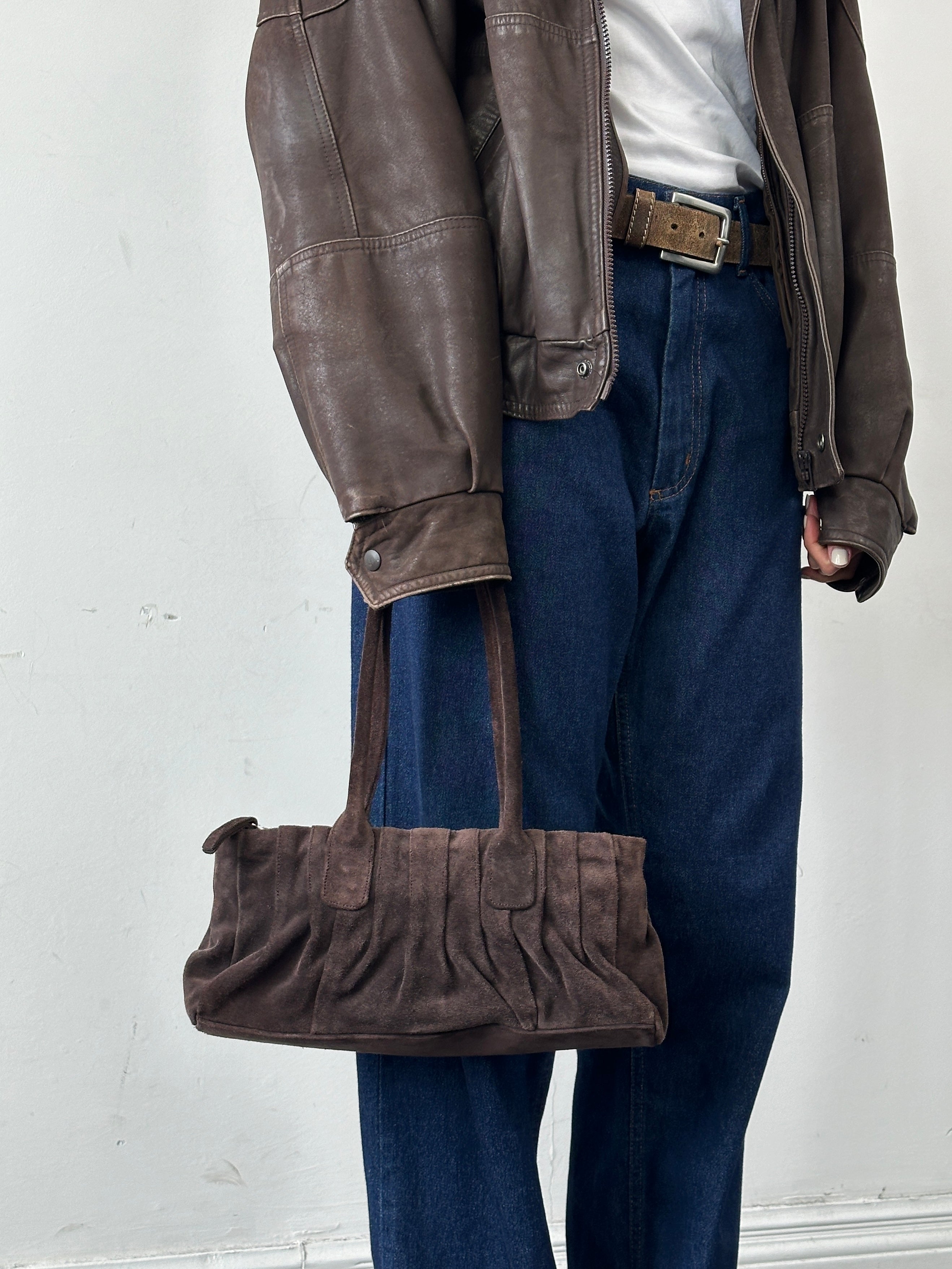 Abro Italian suede leather ruched shoulder bag with a stylish design and adjustable strap, perfect for casual or elegant occasions.