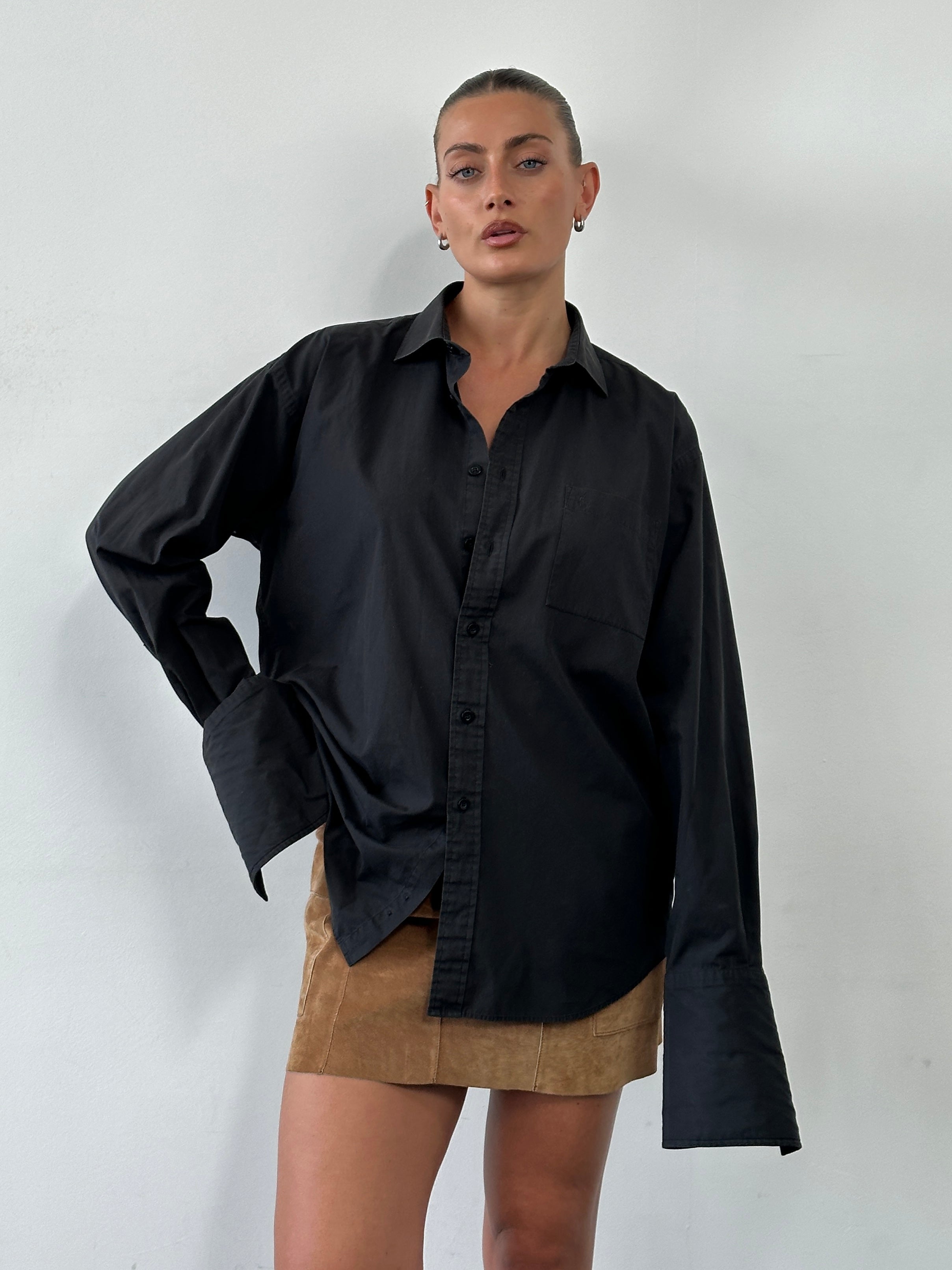 Yves Saint Laurent Pour Homme 2000s cotton logo dress shirt in size L, featuring classic style and signature branding.