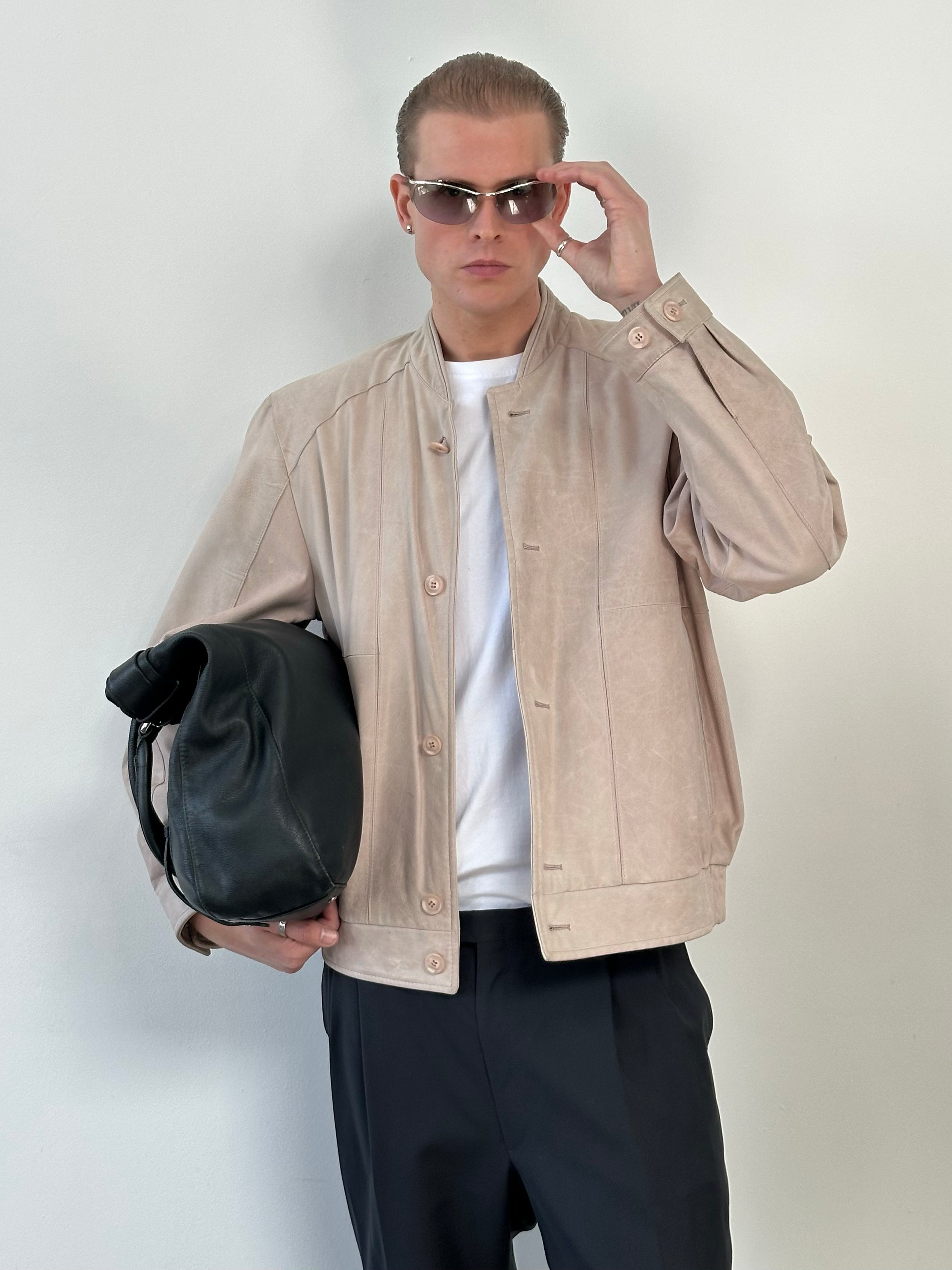 Vintage 1990s Leather Collarless Bomber Jacket - L/XL