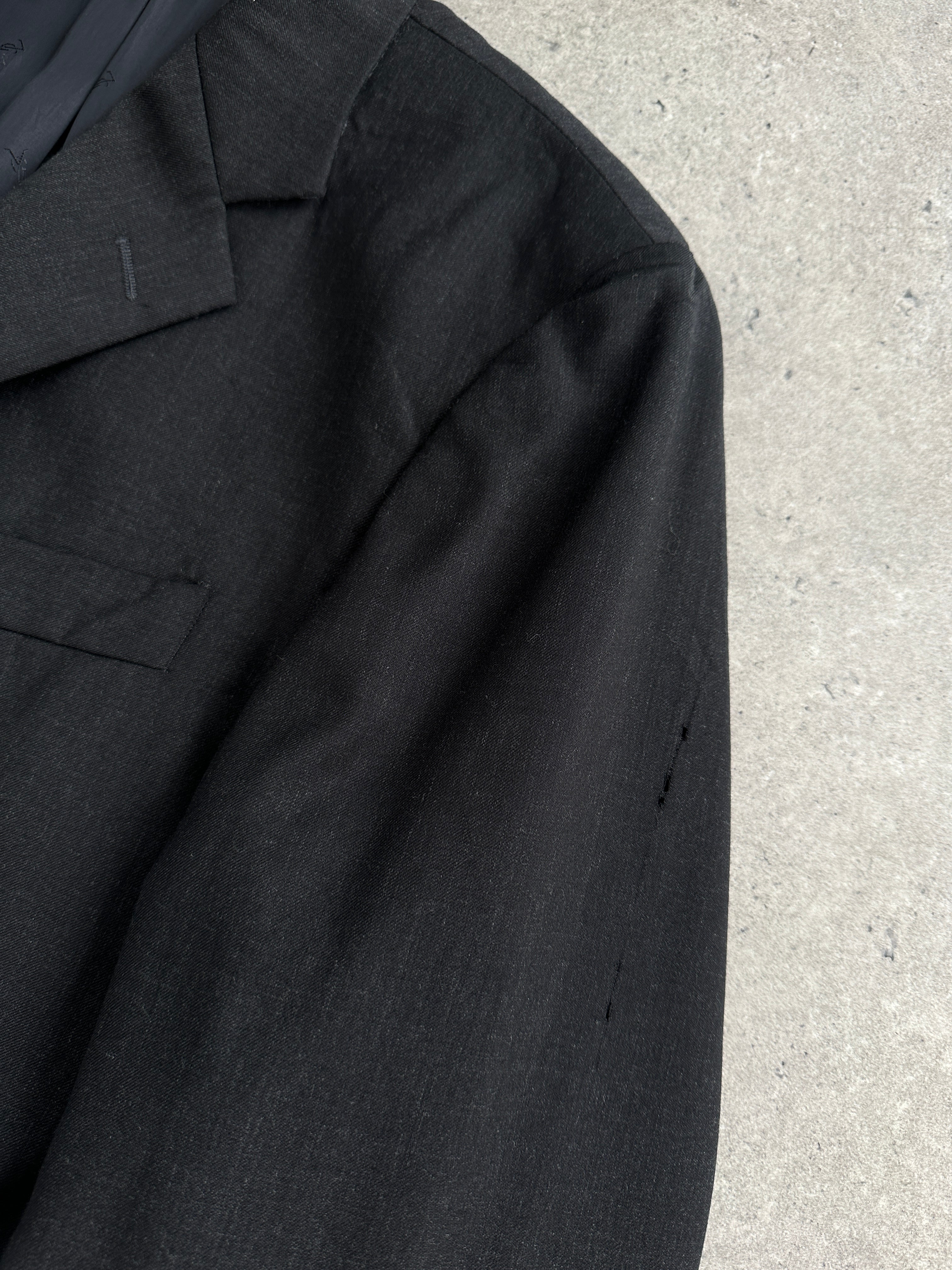 Yves Saint Laurent Pour Homme 1990s pure wool single-breasted blazer, size 40R/XL, in dark fabric with notch lapel and button closure.