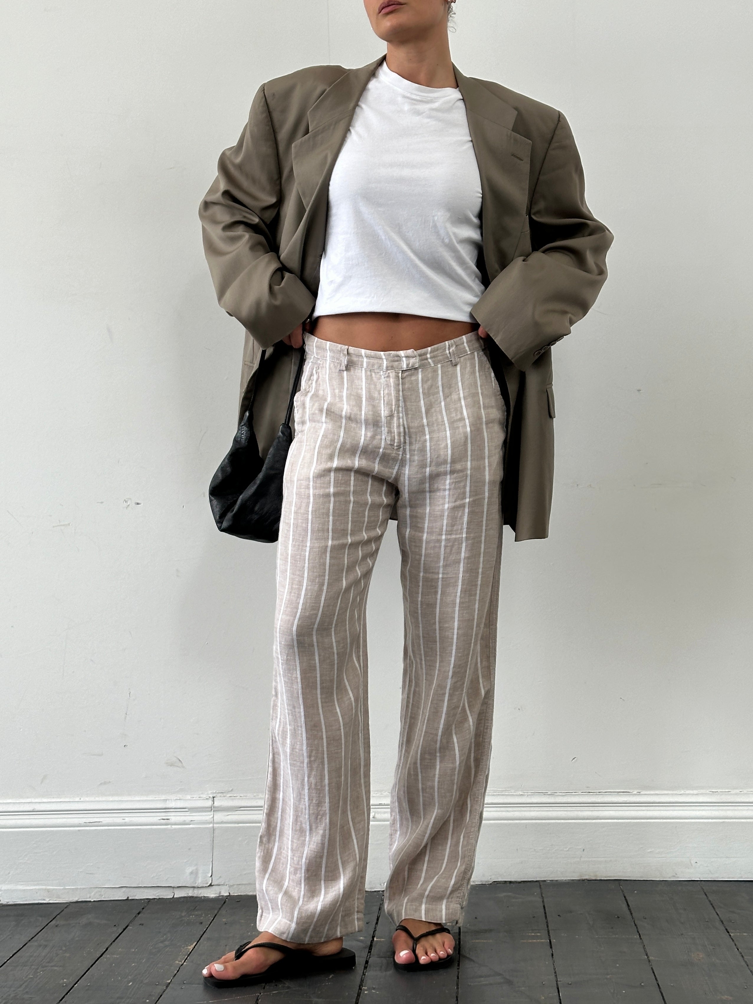 Armani Jeans wide-leg linen trousers with mid-rise fit and stripe pattern, size 30, displayed on a neutral background.